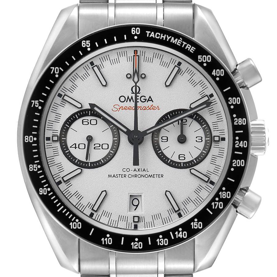 The Omega Speedmaster 329.30.44.51.04.001 Men's Stainless Steel Silver Dial watch is shown from the front, detailing its dial, tachymeter bezel, and subdials.