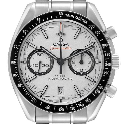 The Omega Speedmaster 329.30.44.51.04.001 Men's Stainless Steel Silver Dial watch is shown from the front, displaying the dial, subdials, and tachymeter bezel.