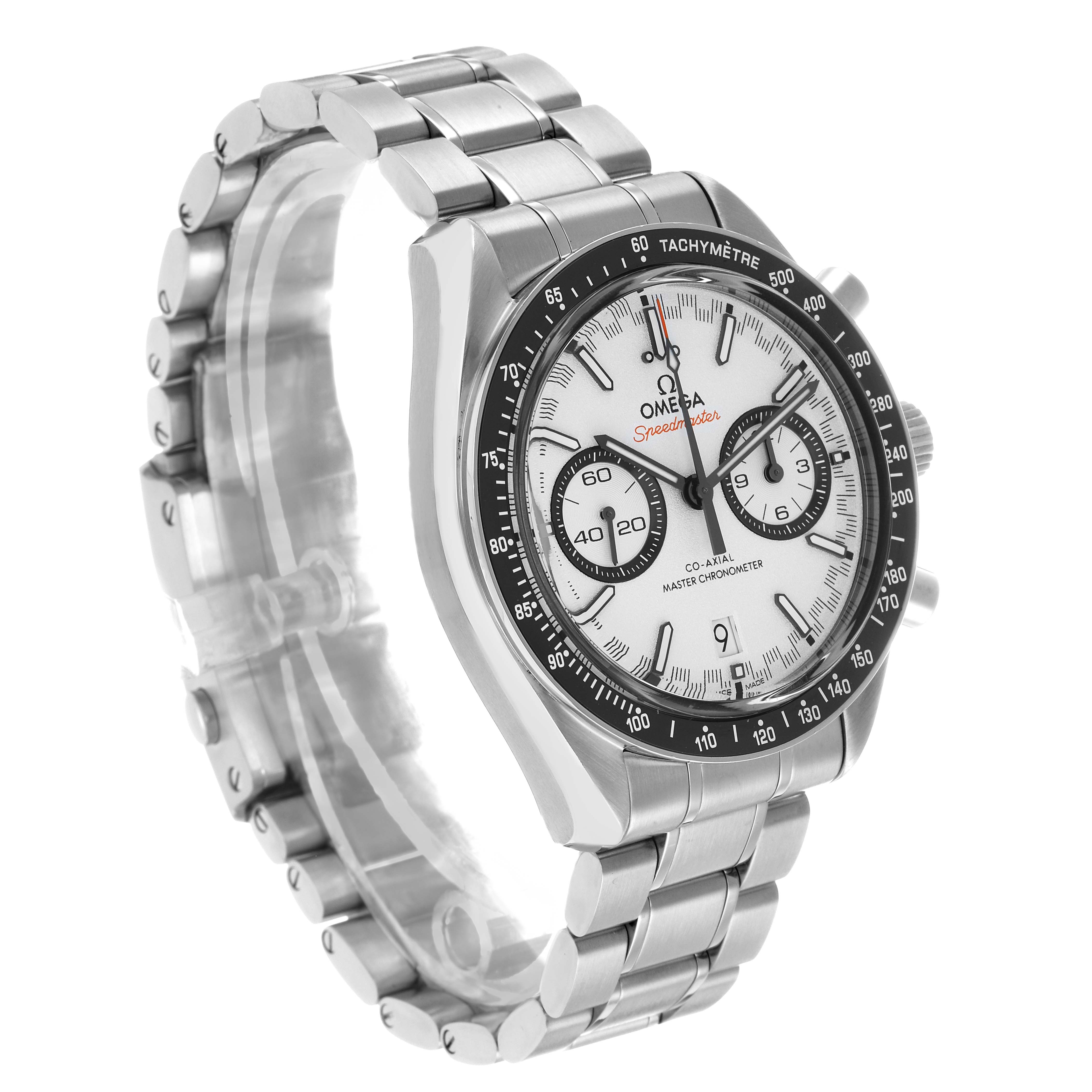 The Omega Speedmaster 329.30.44.51.04.001 Men's Stainless Steel Silver Dial watch is shown at a three-quarter angle, displaying the bracelet, bezel, and face with its subdials and tachymeter.