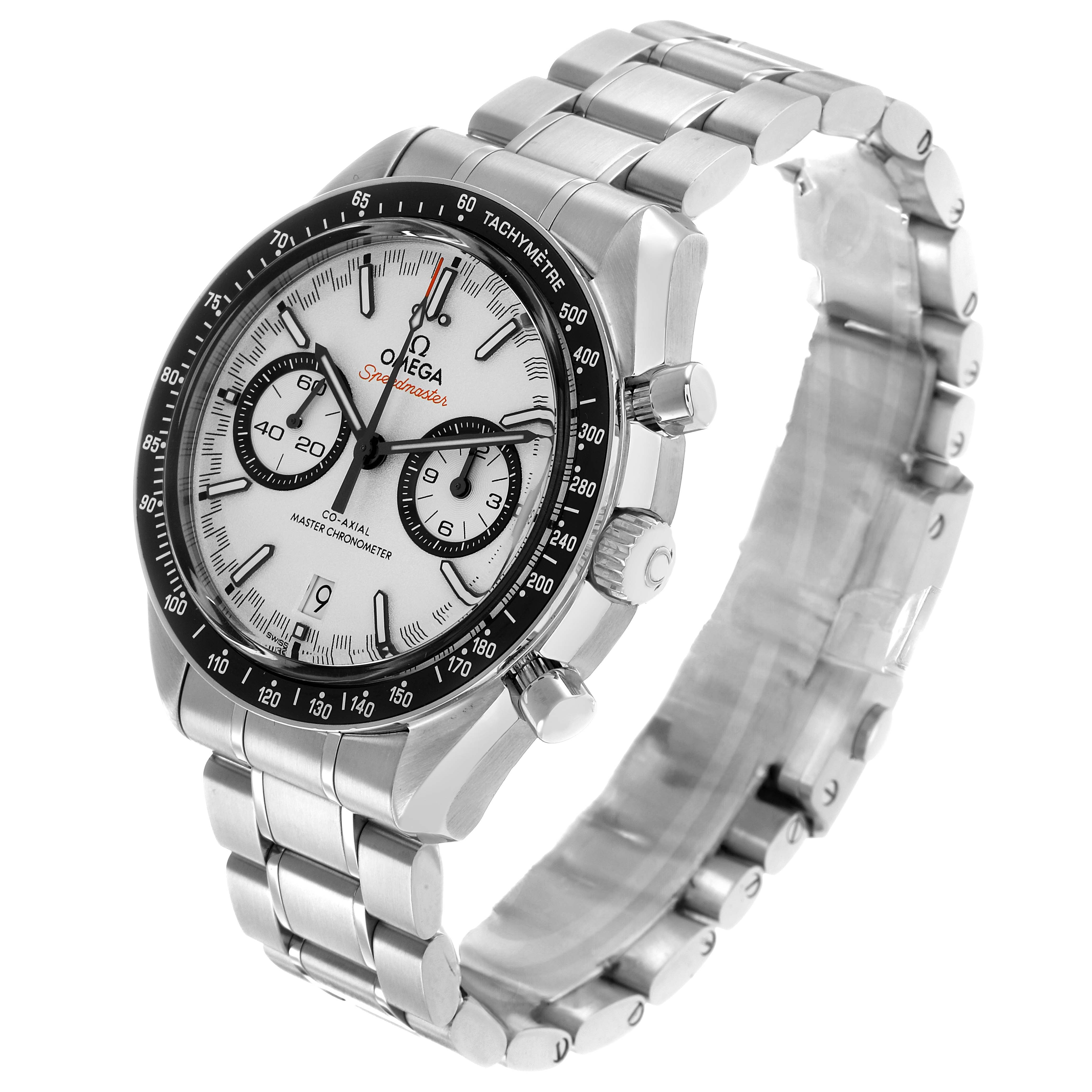 The Omega Speedmaster 329.30.44.51.04.001 Men's Stainless Steel Silver Dial watch is shown at a three-quarter angle, displaying the face, bezel, crown, and bracelet.