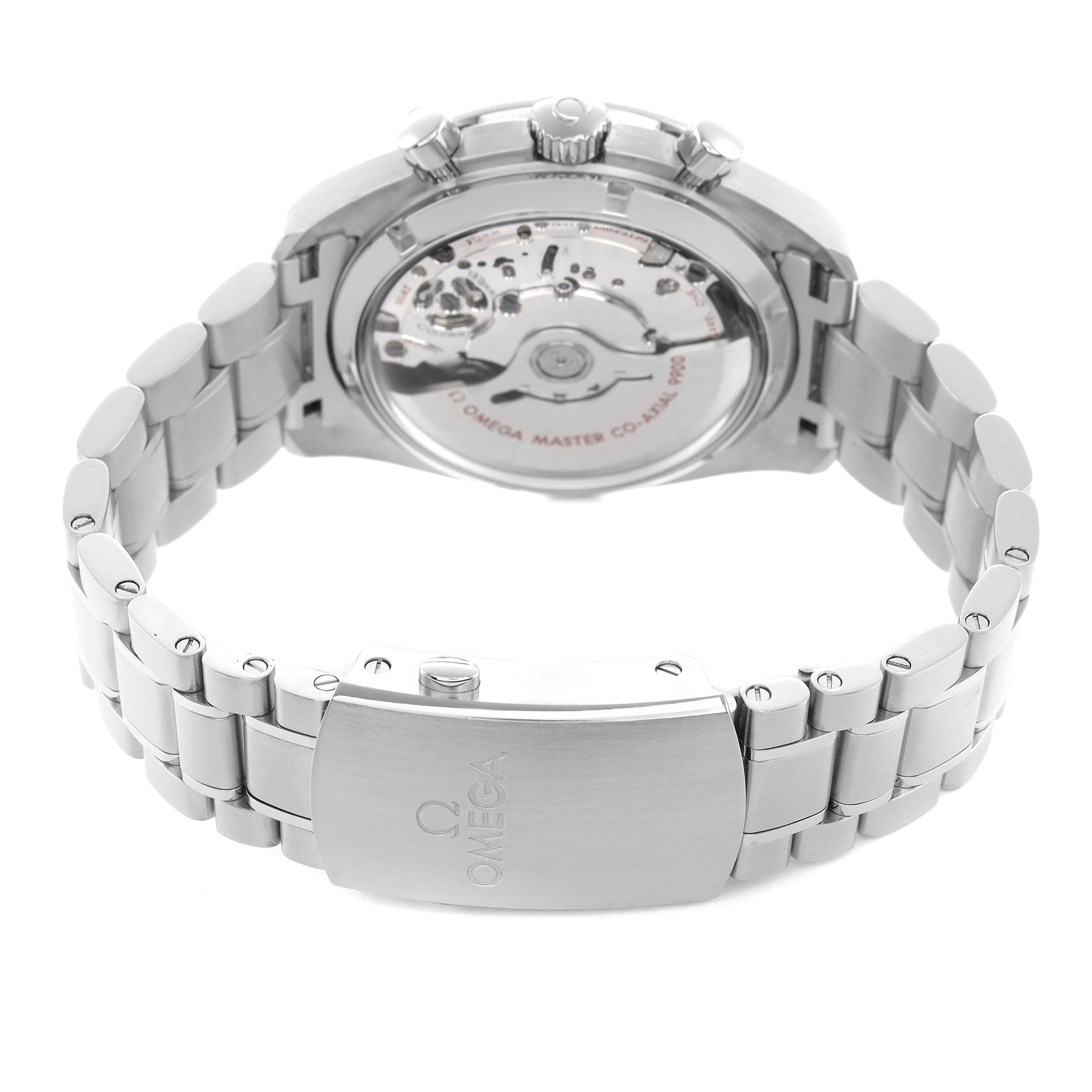 The Omega Speedmaster 329.30.44.51.04.001 Men's Stainless Steel Silver Dial is shown from the back, highlighting the movement and stainless steel bracelet.