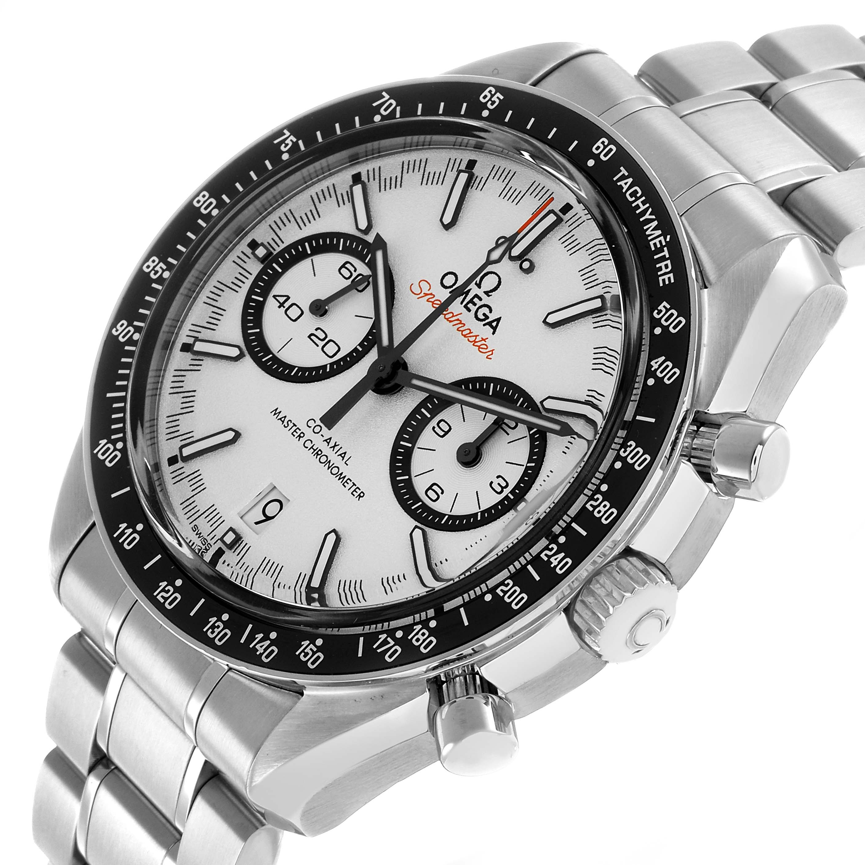 The Omega Speedmaster 329.30.44.51.04.001 Men's Stainless Steel Silver Dial watch is shown from a slight side angle, displaying the face, bezel, crown, and part of the bracelet.