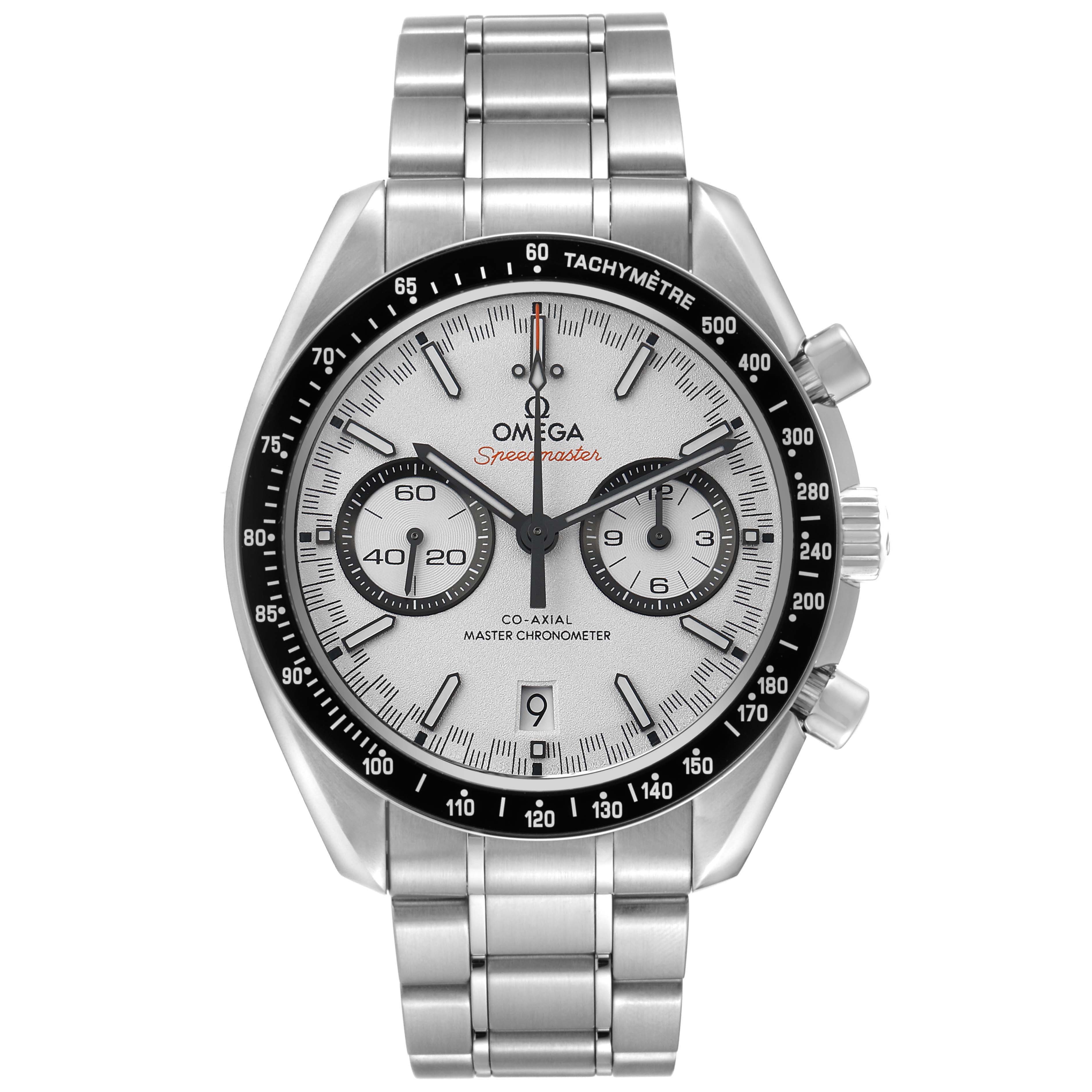 The Omega Speedmaster 329.30.44.51.04.001 Men's Stainless Steel Silver Dial watch is shown from the front, displaying the dial, bezel, subdials, and metal bracelet.