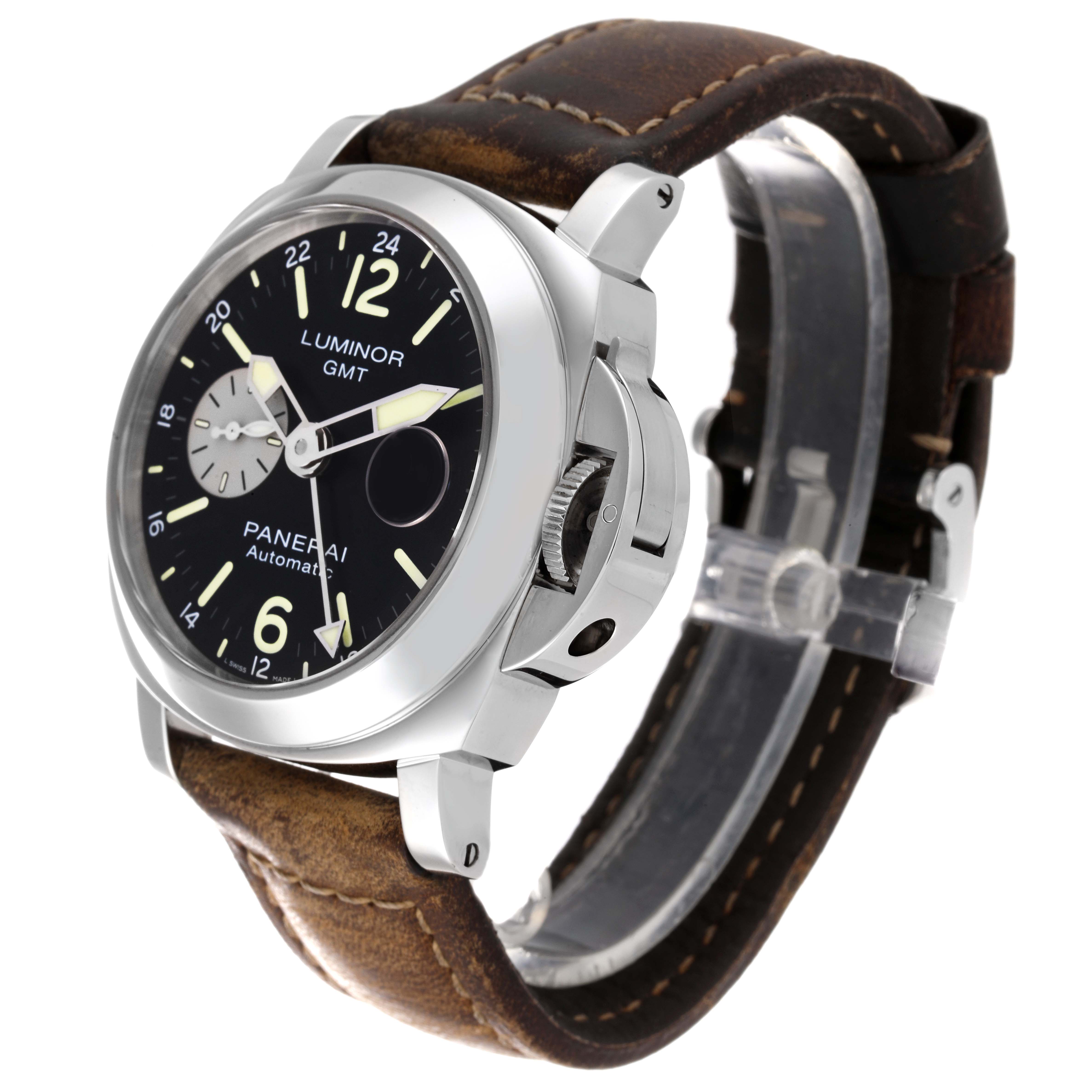 The image shows a Panerai Luminor PAM01088 Men
s Stainless Steel Black Dial PAM01088 Men
s Stainless Steel Black Dial watch from a three-quarter angle, highlighting its dial, bezel, crown guard, and leather strap.