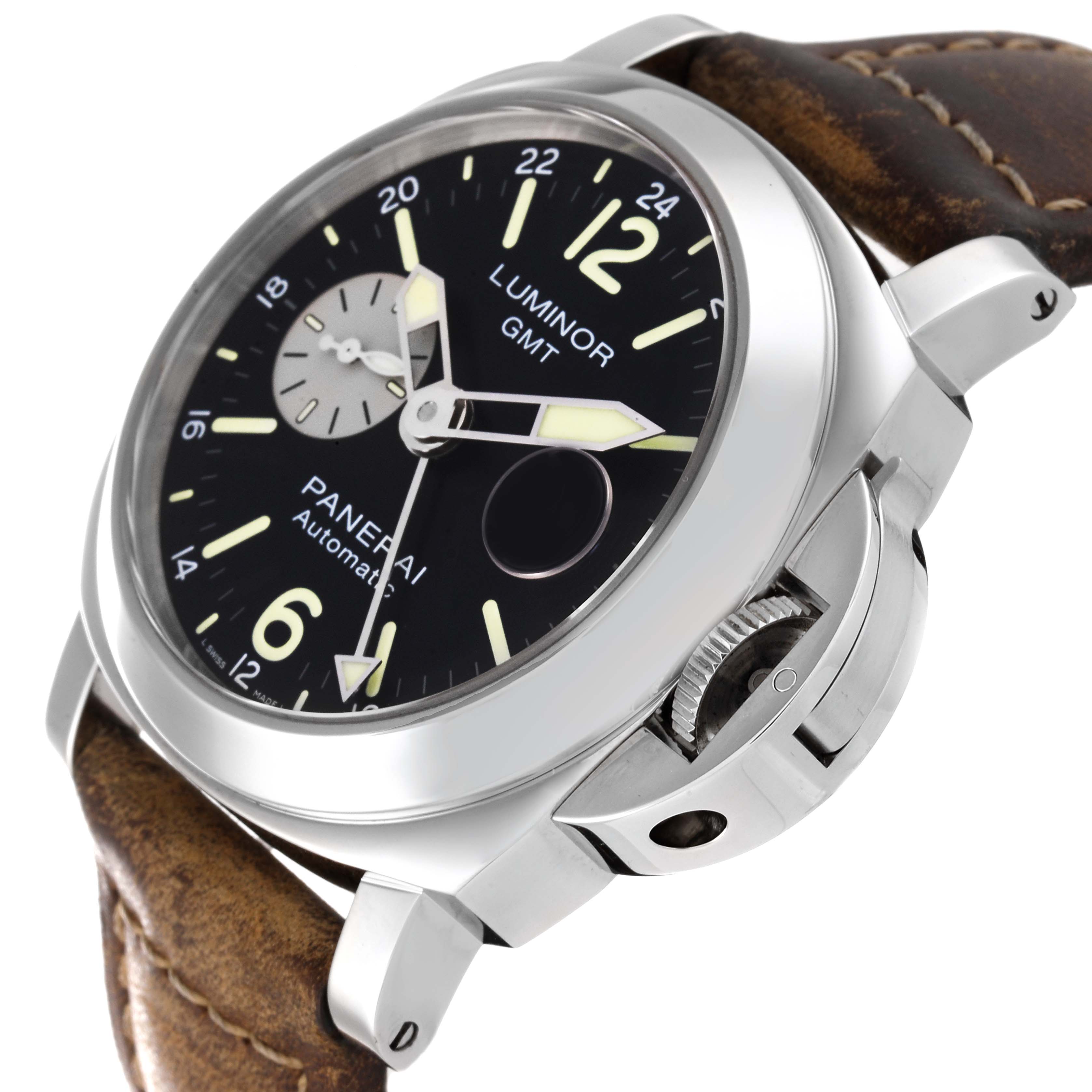 This image shows a Panerai Luminor PAM01088 Men
s Stainless Steel Black Dial PAM01088 Men
s Stainless Steel Black Dial GMT watch at a slight angle, highlighting the dial, crown guard, and leather strap.