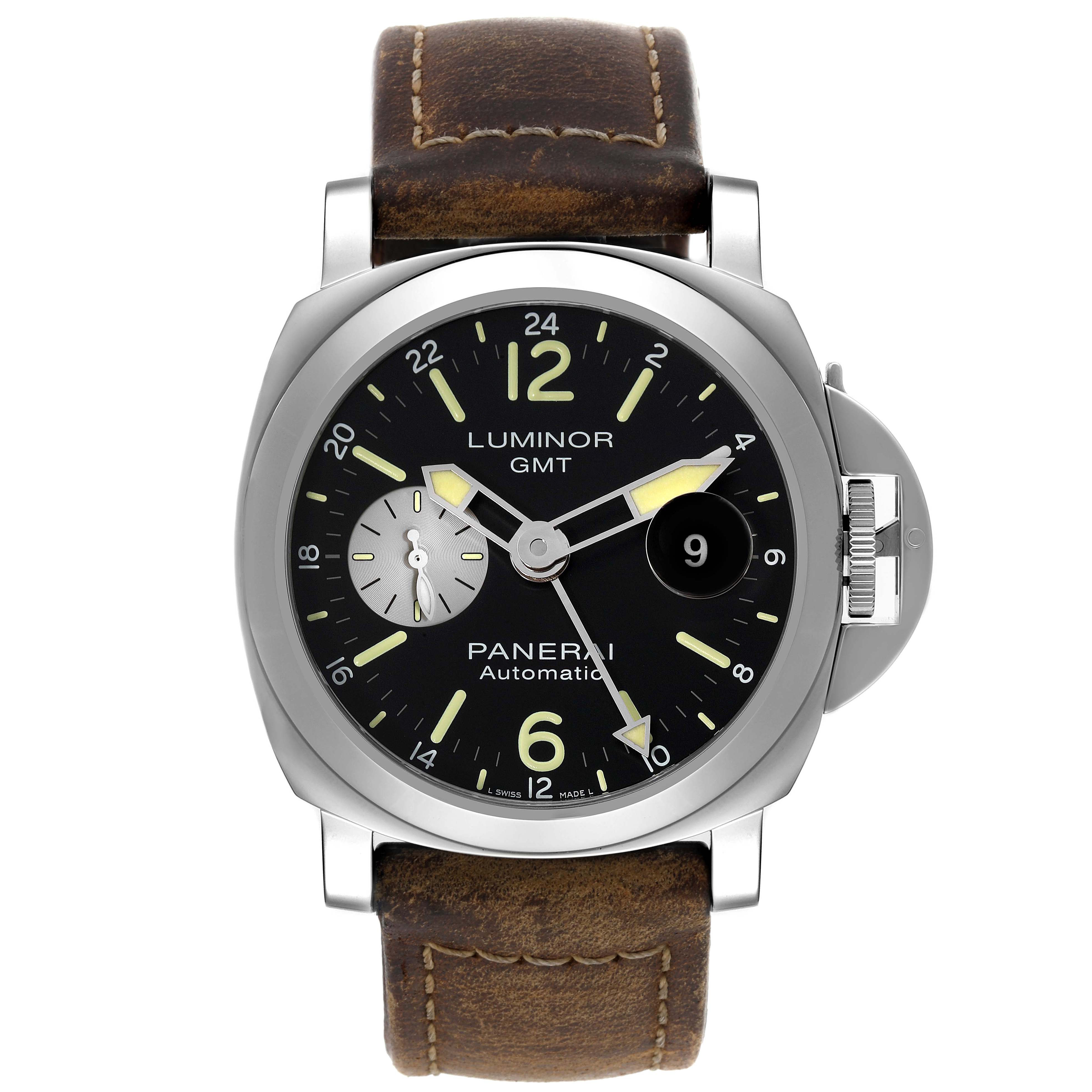 The image shows a front view of a Panerai Luminor PAM01088 Men
s Stainless Steel Black Dial PAM01088 Men
s Stainless Steel Black Dial GMT watch, highlighting its dial, crown guard, and brown leather strap.