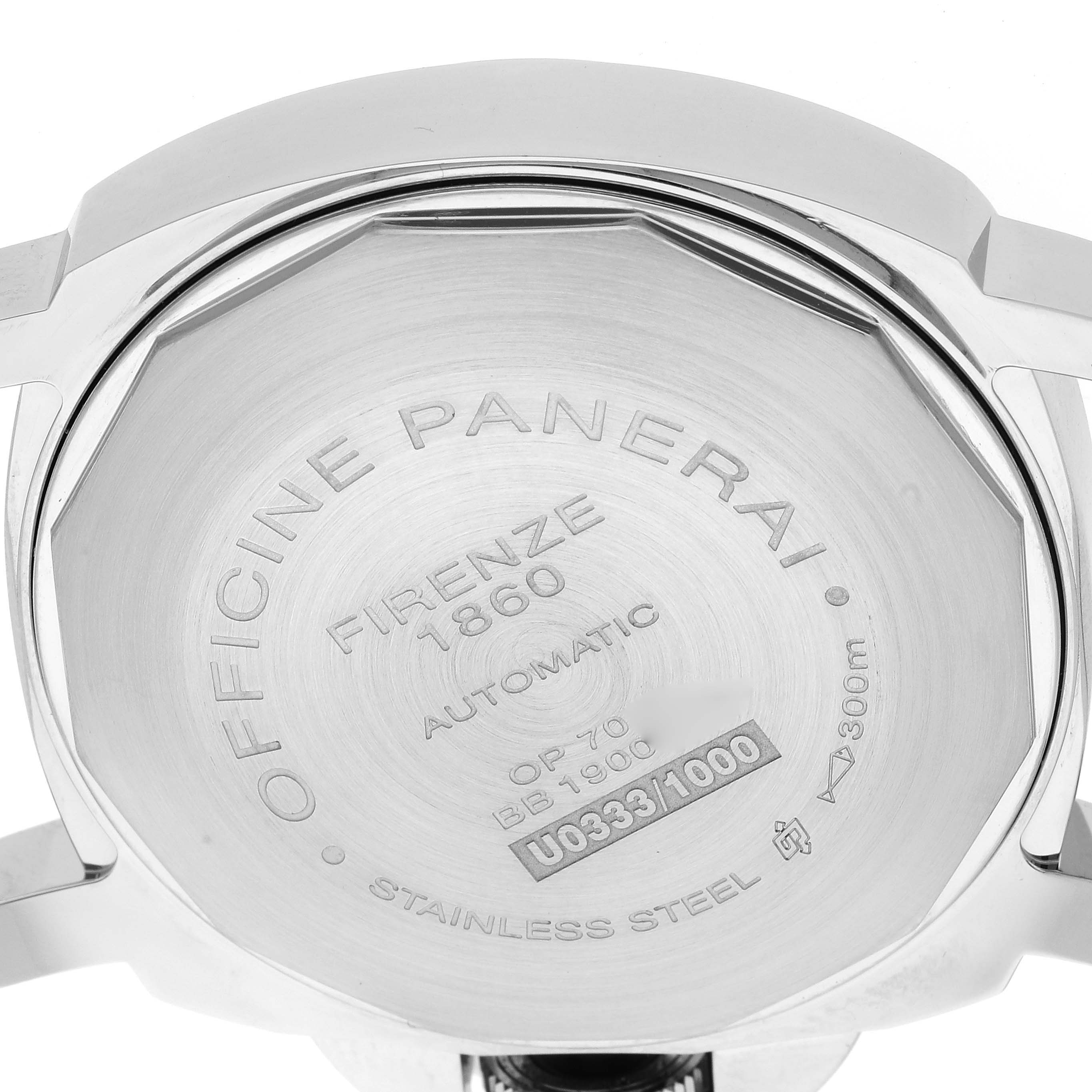 The image shows the back case of a Panerai Luminor PAM01088 Men
s Stainless Steel Black Dial PAM01088 Men
s Stainless Steel Black Dial watch in a close-up view.