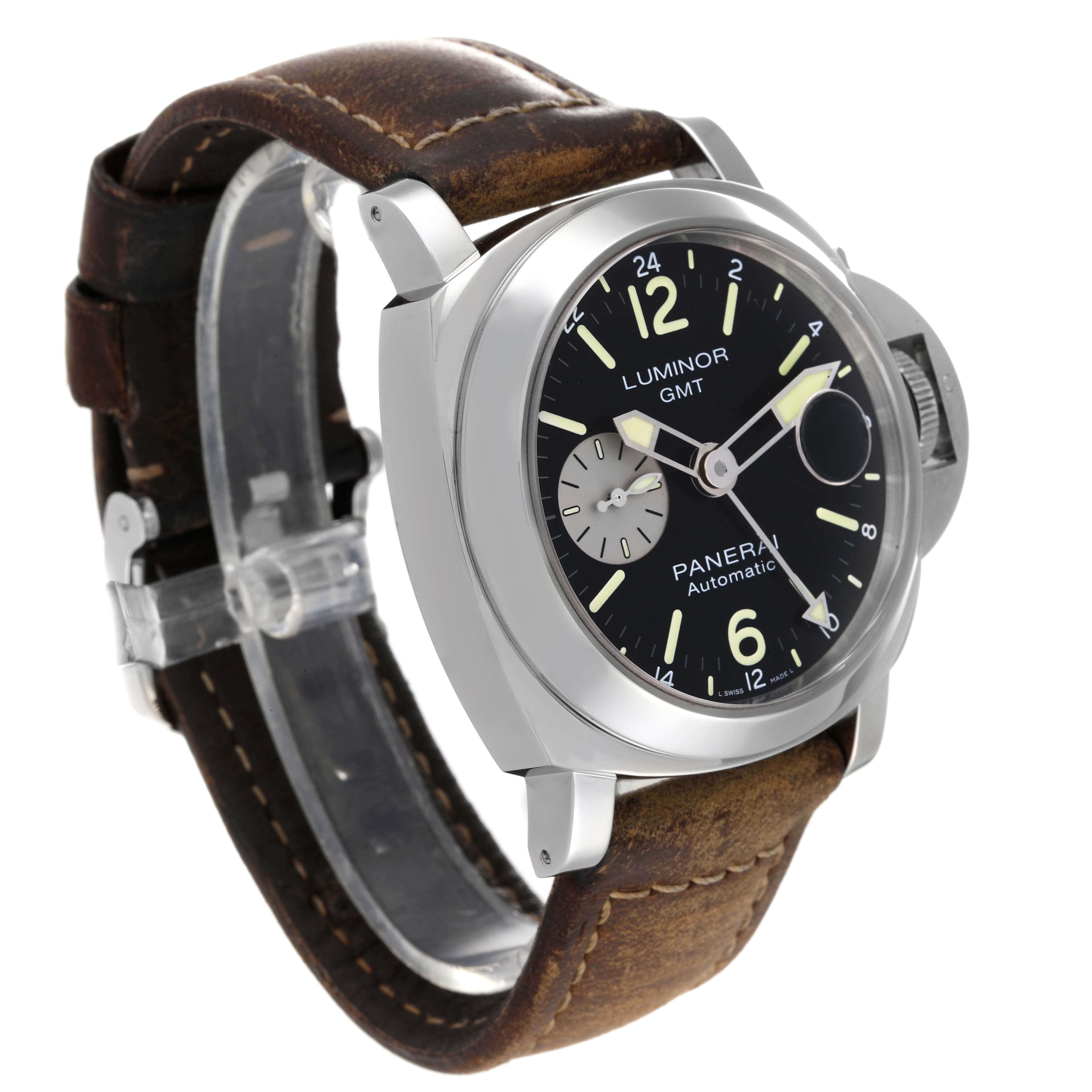 This image shows a Panerai Luminor PAM01088 Men
s Stainless Steel Black Dial PAM01088 Men
s Stainless Steel Black Dial GMT watch at a 3/4 angle, highlighting the dial, case, and leather strap.