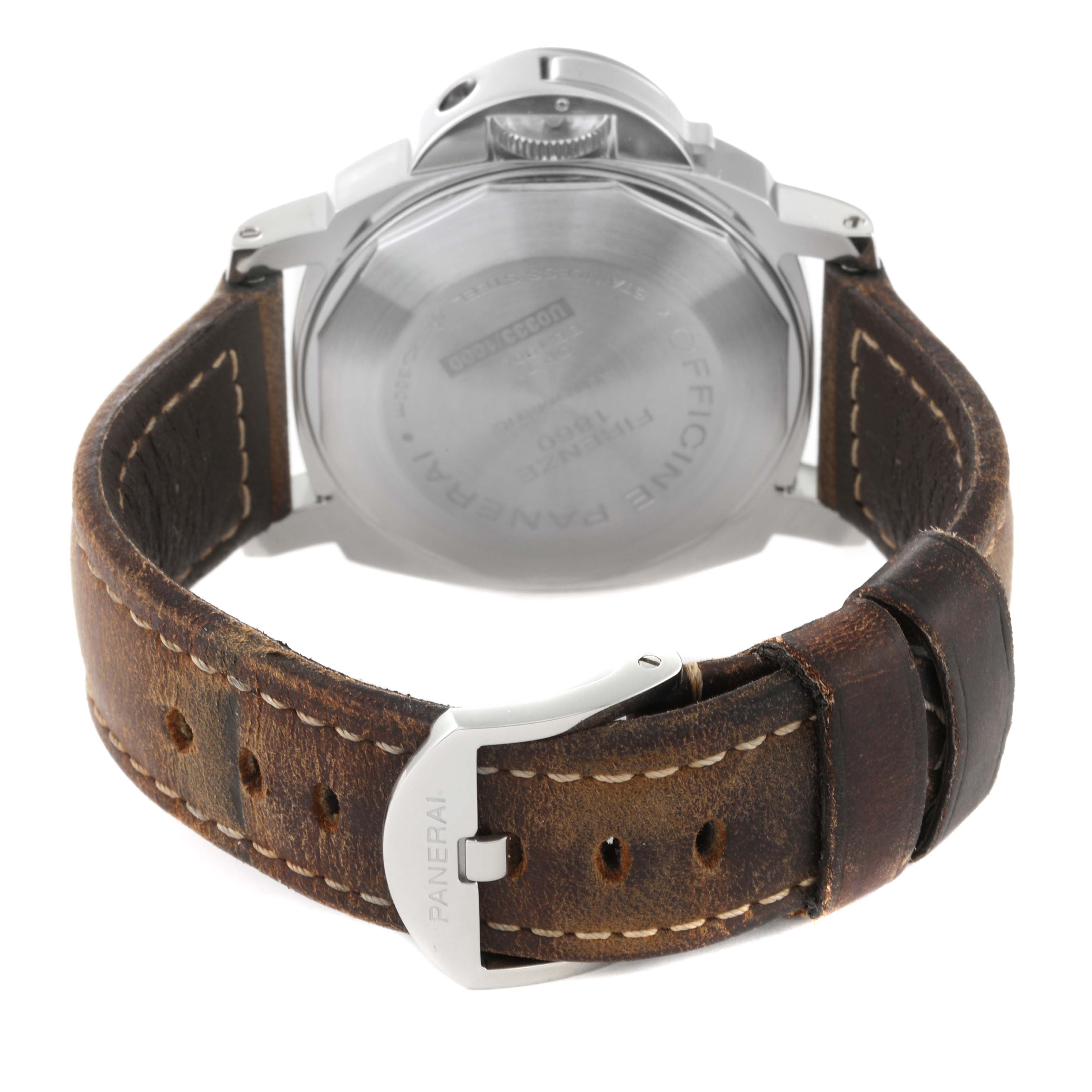 The image shows the back view of a Panerai Luminor PAM01088 Men
s Stainless Steel Black Dial PAM01088 Men
s Stainless Steel Black Dial watch, highlighting its case back, crown guard, and leather strap with a buckle.