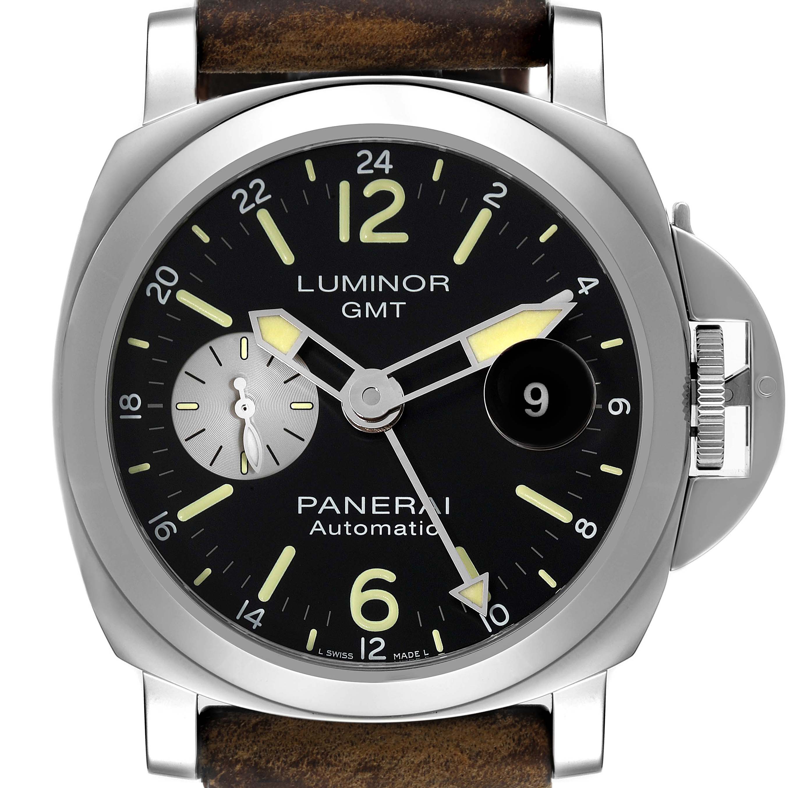 This image shows a front view of a Panerai Luminor PAM01088 Men
s Stainless Steel Black Dial PAM01088 Men
s Stainless Steel Black Dial GMT watch, highlighting the dial, hands, and crown protector.