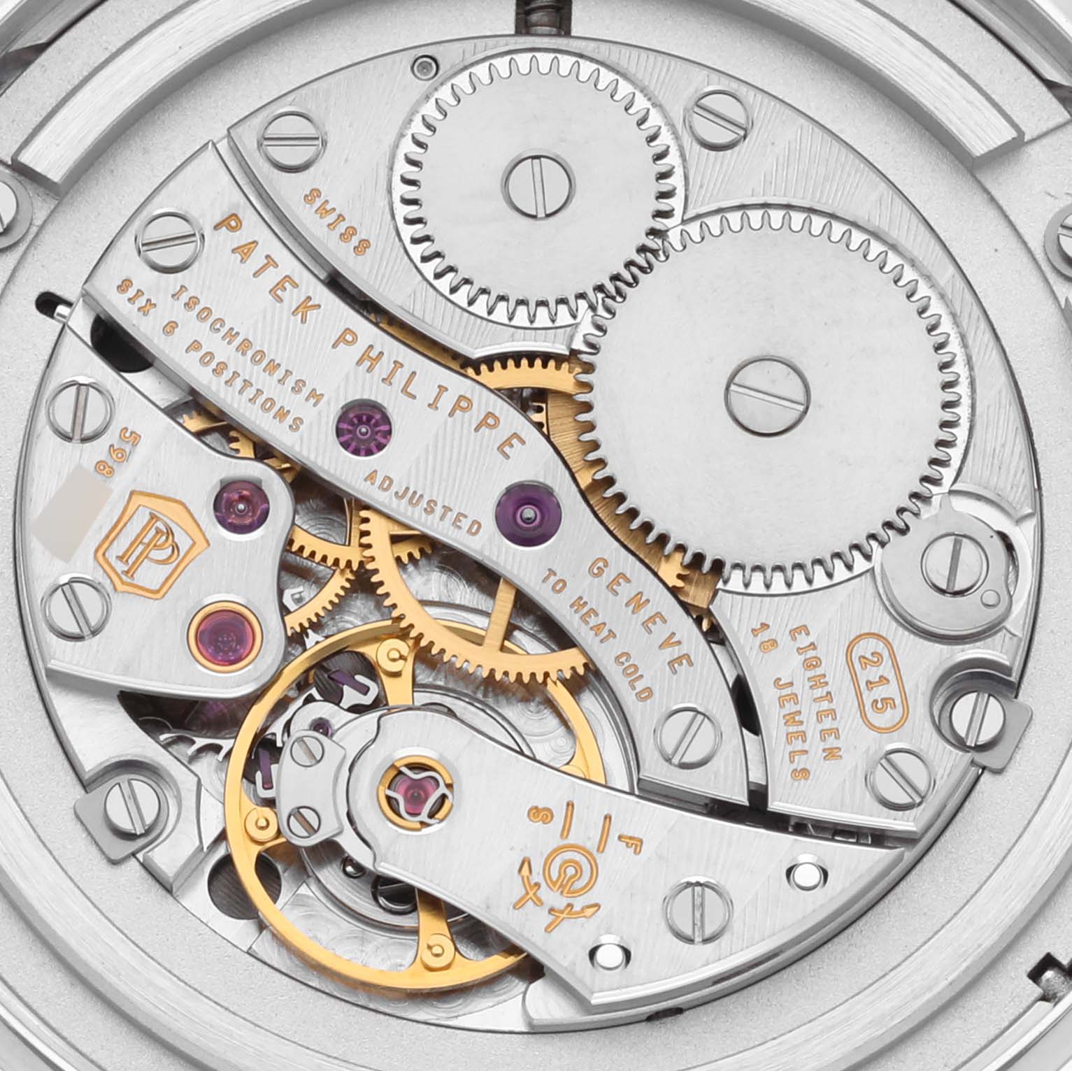 The image shows the intricate movement of a Patek Philippe Calatrava 4897G Women's White Gold Grey Dial 4897G Women's White Gold Grey Dial model from a top-down angle.
