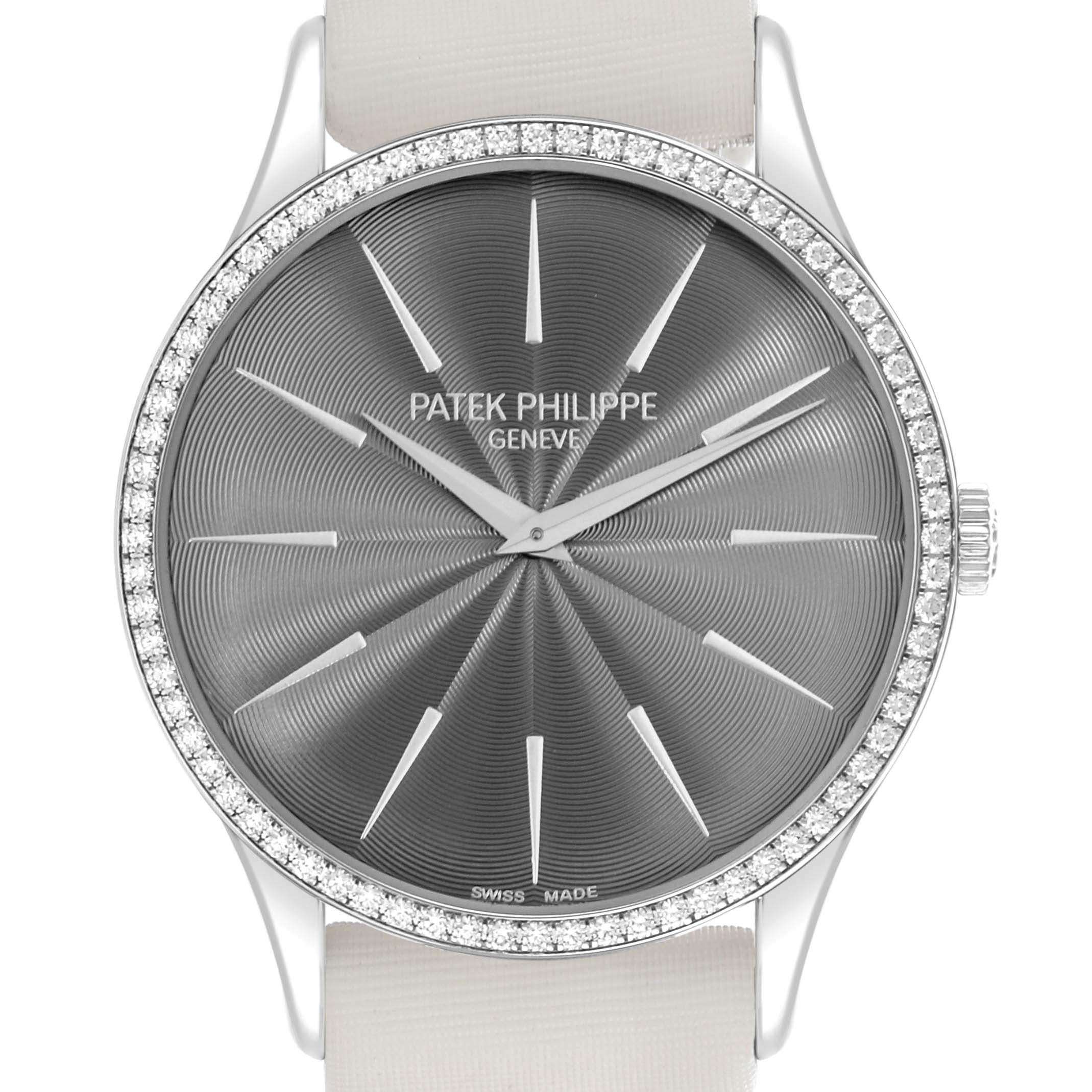 The Patek Philippe Calatrava 4897G Women's White Gold Grey Dial 4897G Women's White Gold Grey Dial watch is shown from a frontal angle, highlighting the dial, bezel, and strap.