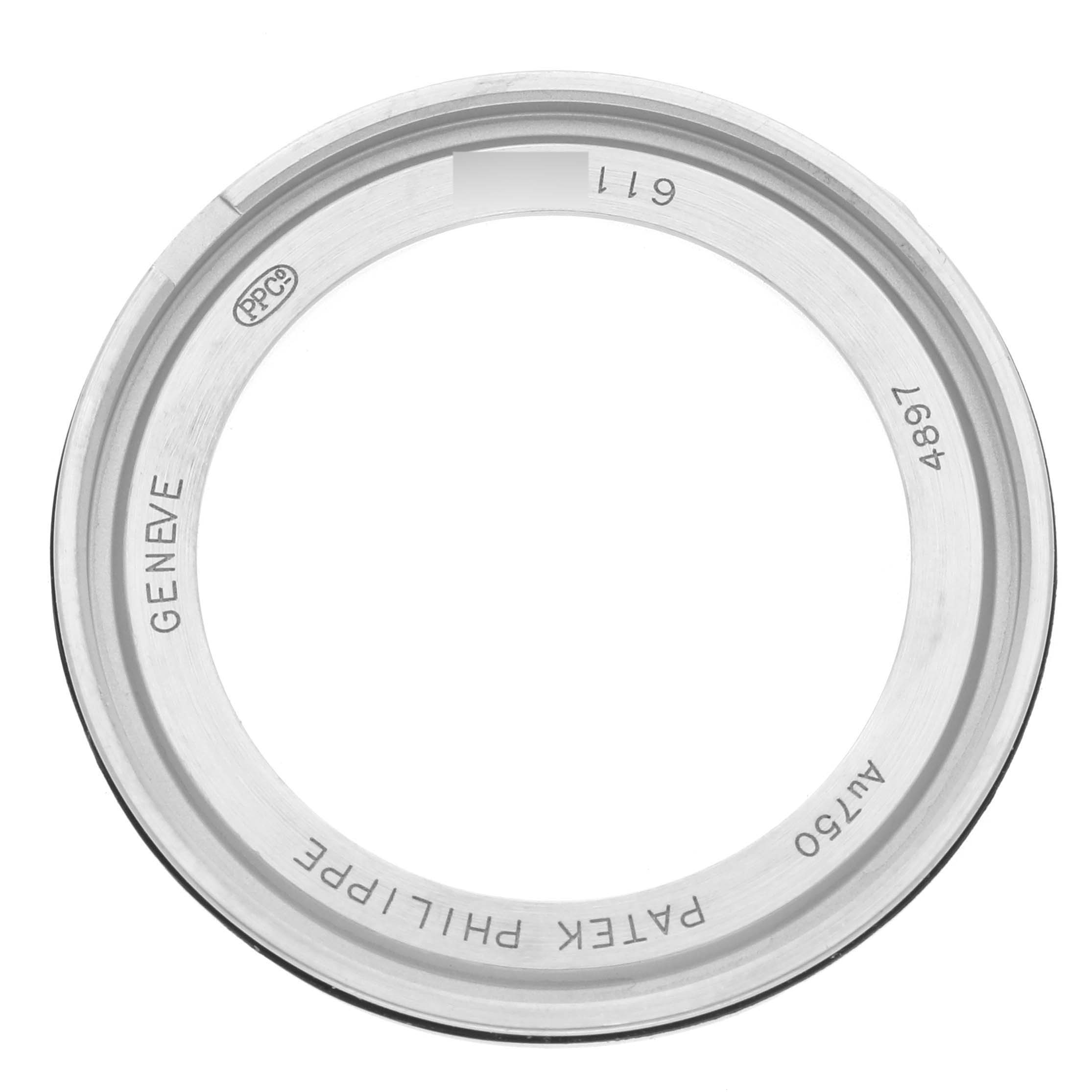 The image shows a case back bezel of a Patek Philippe Calatrava 4897G Women's White Gold Grey Dial 4897G Women's White Gold Grey Dial watch viewed from above.