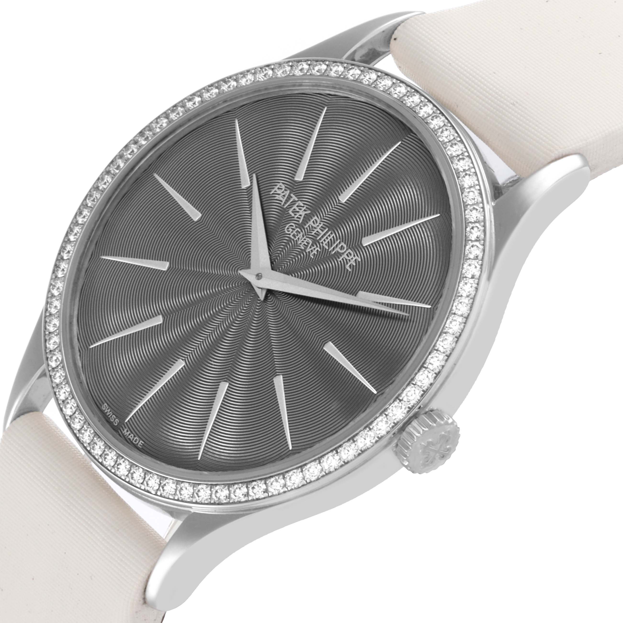 The image shows a close-up side angle of the Patek Philippe Calatrava 4897G Women's White Gold Grey Dial 4897G Women's White Gold Grey Dial watch, highlighting the face, bezel, and crown.