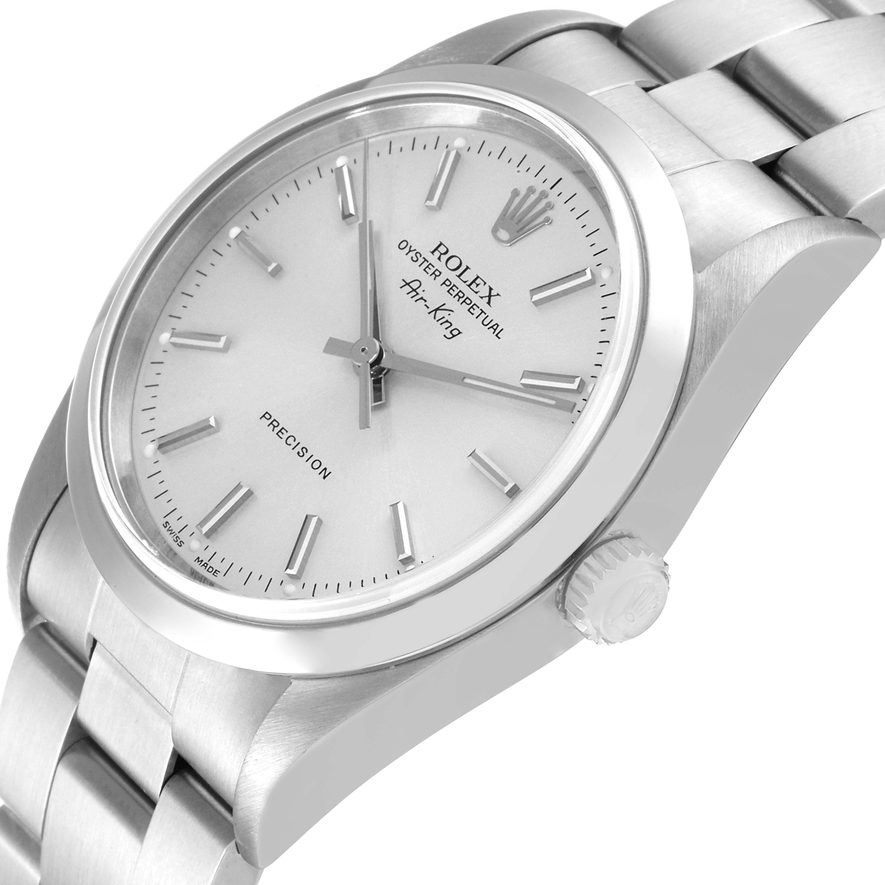 The image shows a close-up angle of the Rolex Air-King 14000 Men's Stainless Steel Silver Dial 14000 Men's Stainless Steel Silver Dial watch, focusing on the dial, bezel, and part of the bracelet.