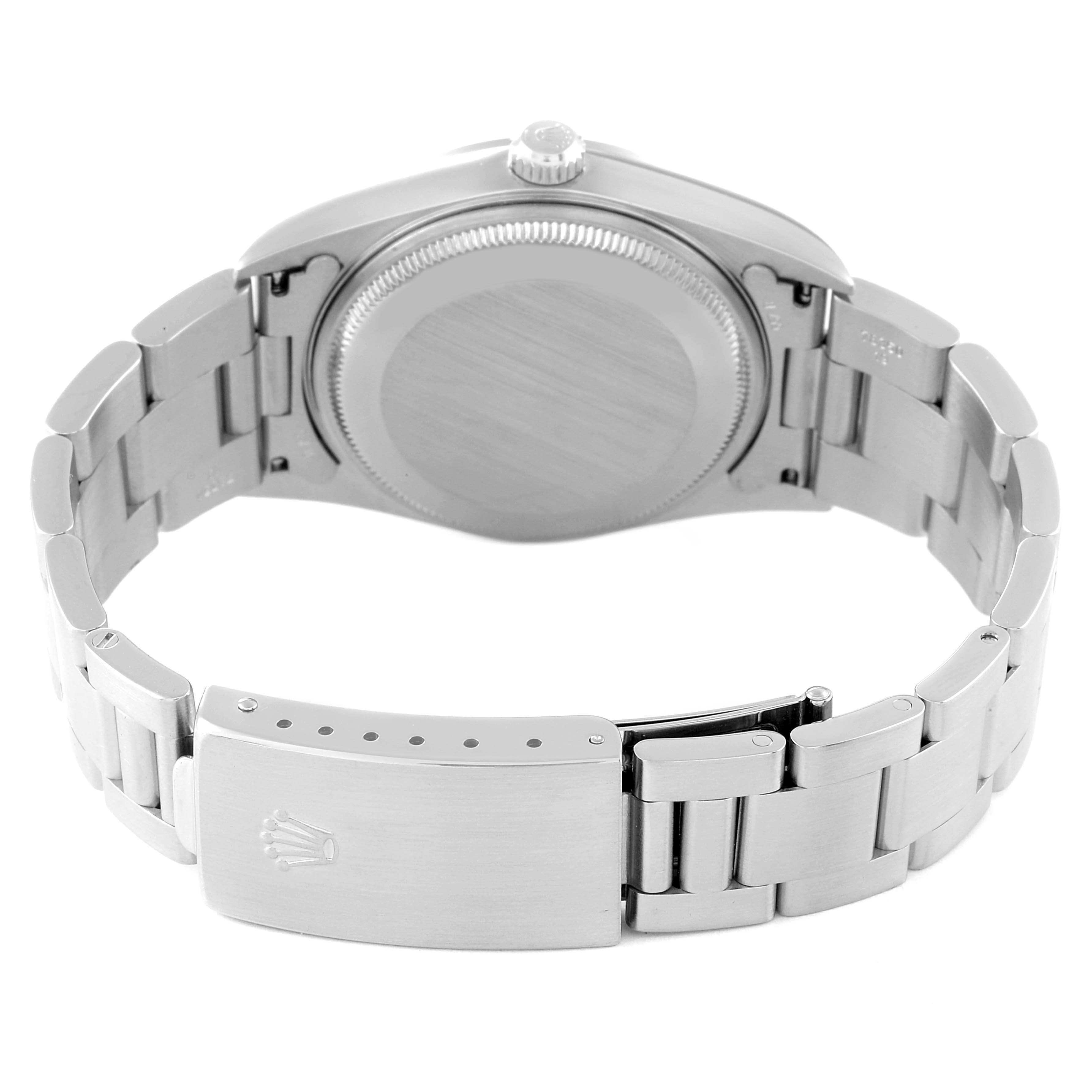 The image shows the back casing and bracelet clasp of a Rolex Air-King 14000 Men's Stainless Steel Silver Dial 14000 Men's Stainless Steel Silver Dial watch from a rear angle.