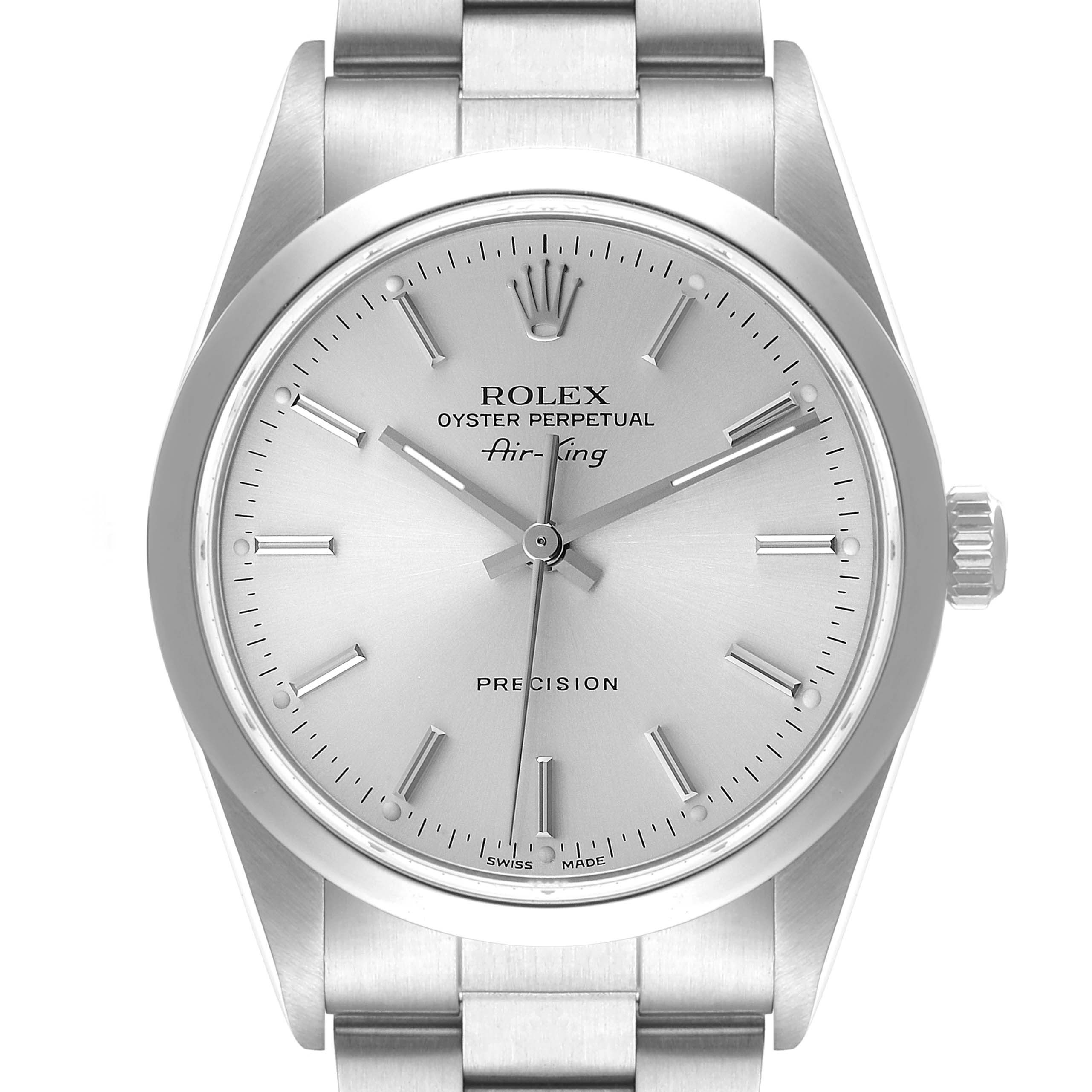 The image shows a front view of a Rolex Air-King 14000 Men's Stainless Steel Silver Dial 14000 Men's Stainless Steel Silver Dial watch, highlighting its dial, hands, bracelet, and crown.