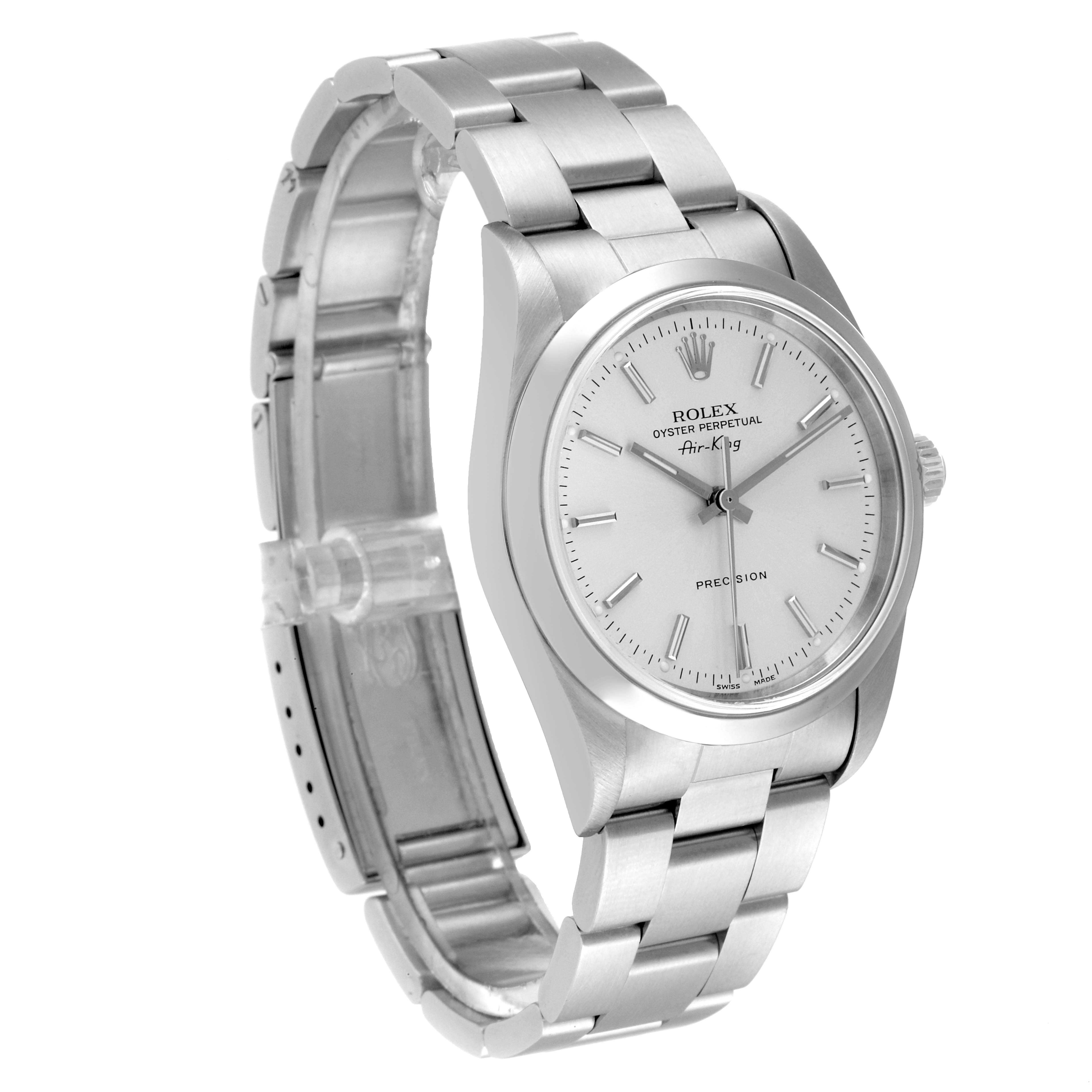 The image shows a side angle of the Rolex Air-King 14000 Men's Stainless Steel Silver Dial 14000 Men's Stainless Steel Silver Dial watch, highlighting the dial, case, and stainless steel bracelet.