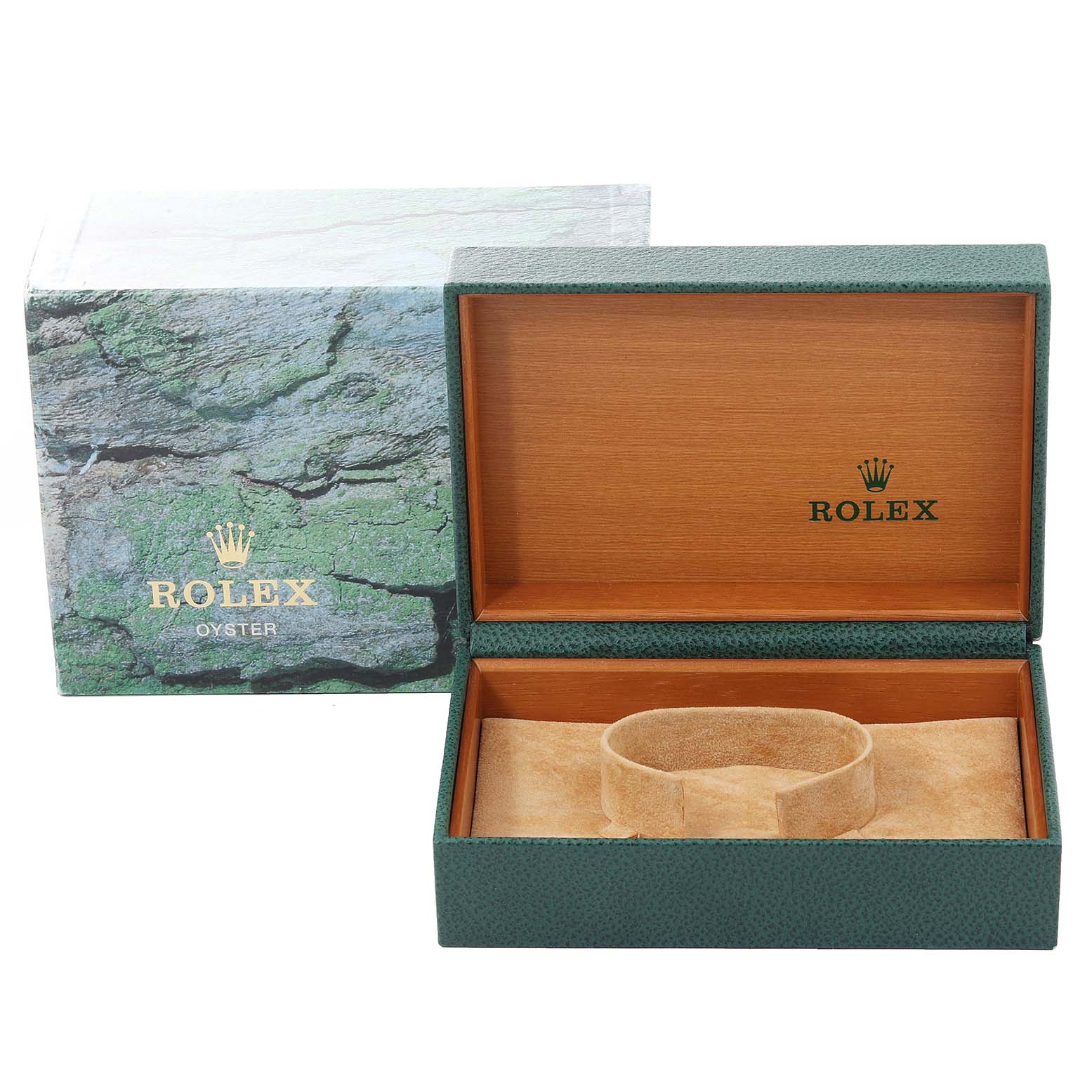 The image shows the packaging box and inner lining for the Rolex Air-King 14000 Men's Stainless Steel Silver Dial 14000 Men's Stainless Steel Silver Dial watch, featuring an open green box and outer sleeve.