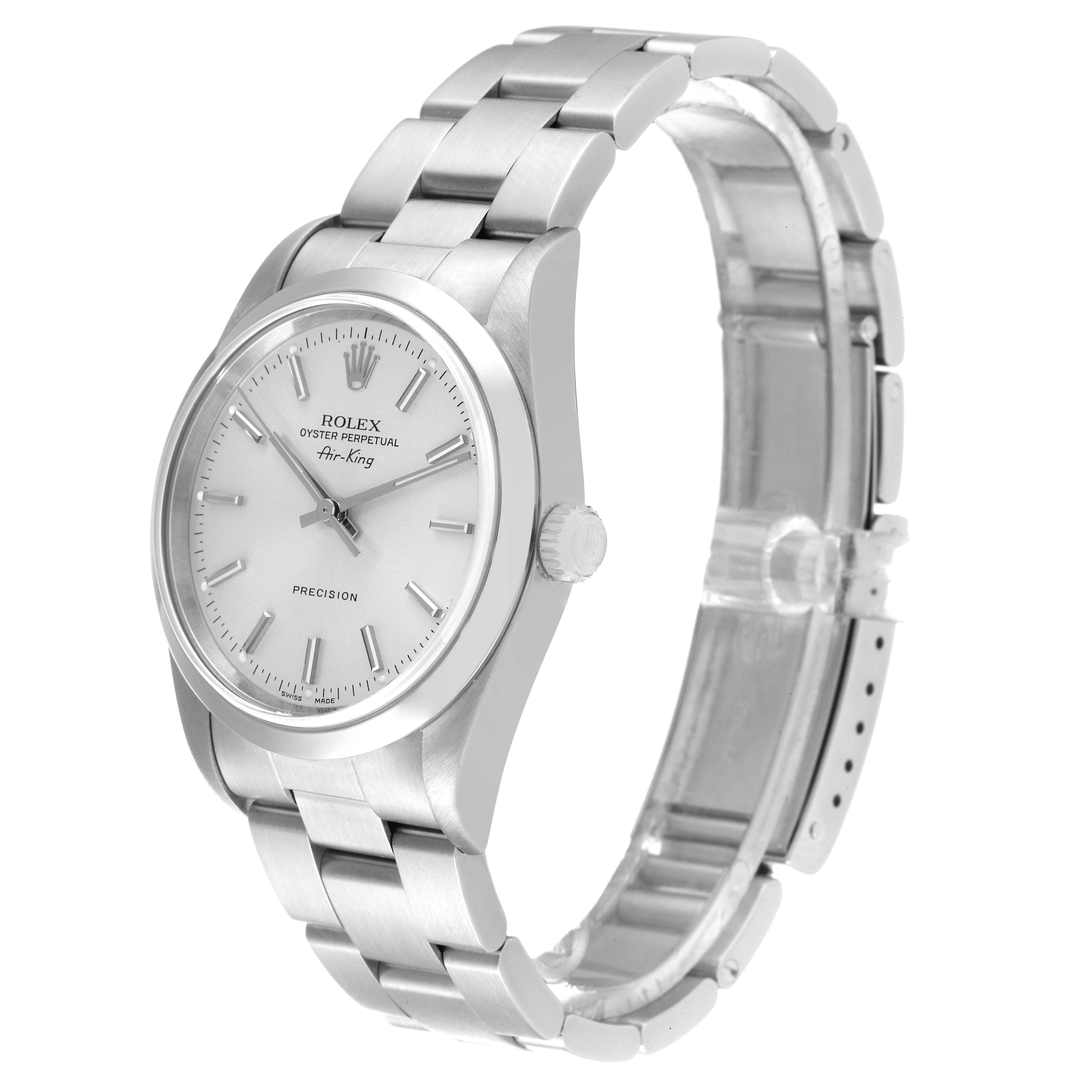 The image shows a side angle of a Rolex Air-King 14000 Men's Stainless Steel Silver Dial 14000 Men's Stainless Steel Silver Dial watch, clearly displaying the dial, bezel, crown, and part of the bracelet.