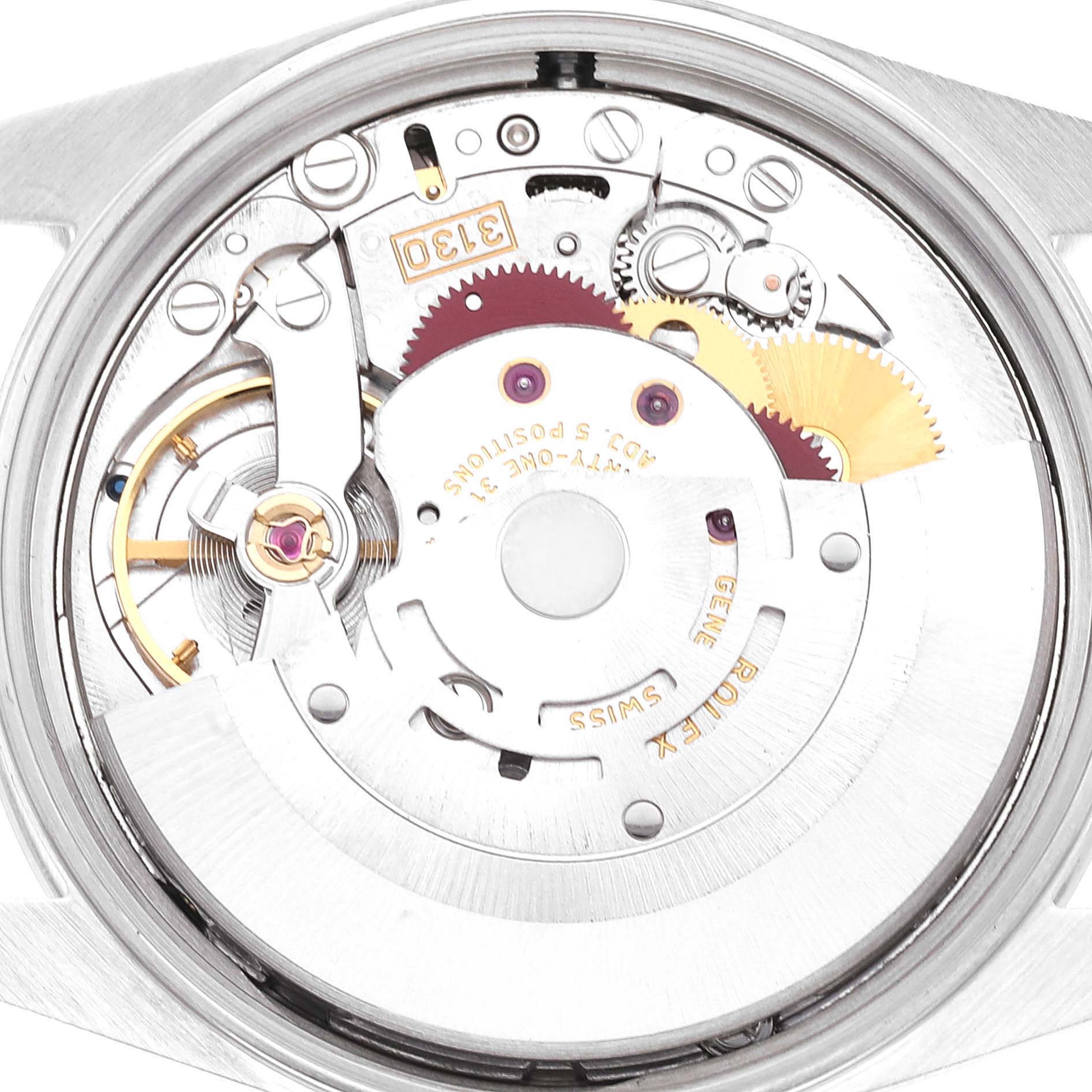 This image shows the internal mechanics of a Rolex Air-King 14000 Men's Stainless Steel Silver Dial 14000 Men's Stainless Steel Silver Dial watch viewed from the back, highlighting its movement components.