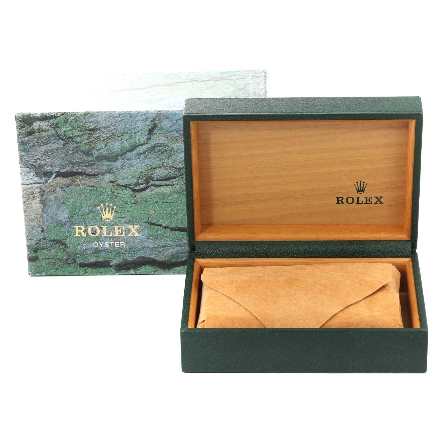 The image shows the packaging box and case for a Rolex Air-King 14000 Men's Stainless Steel Silver Dial 14000 Men's Stainless Steel Silver Dial watch, with the outer box and inner wooden box partially open.