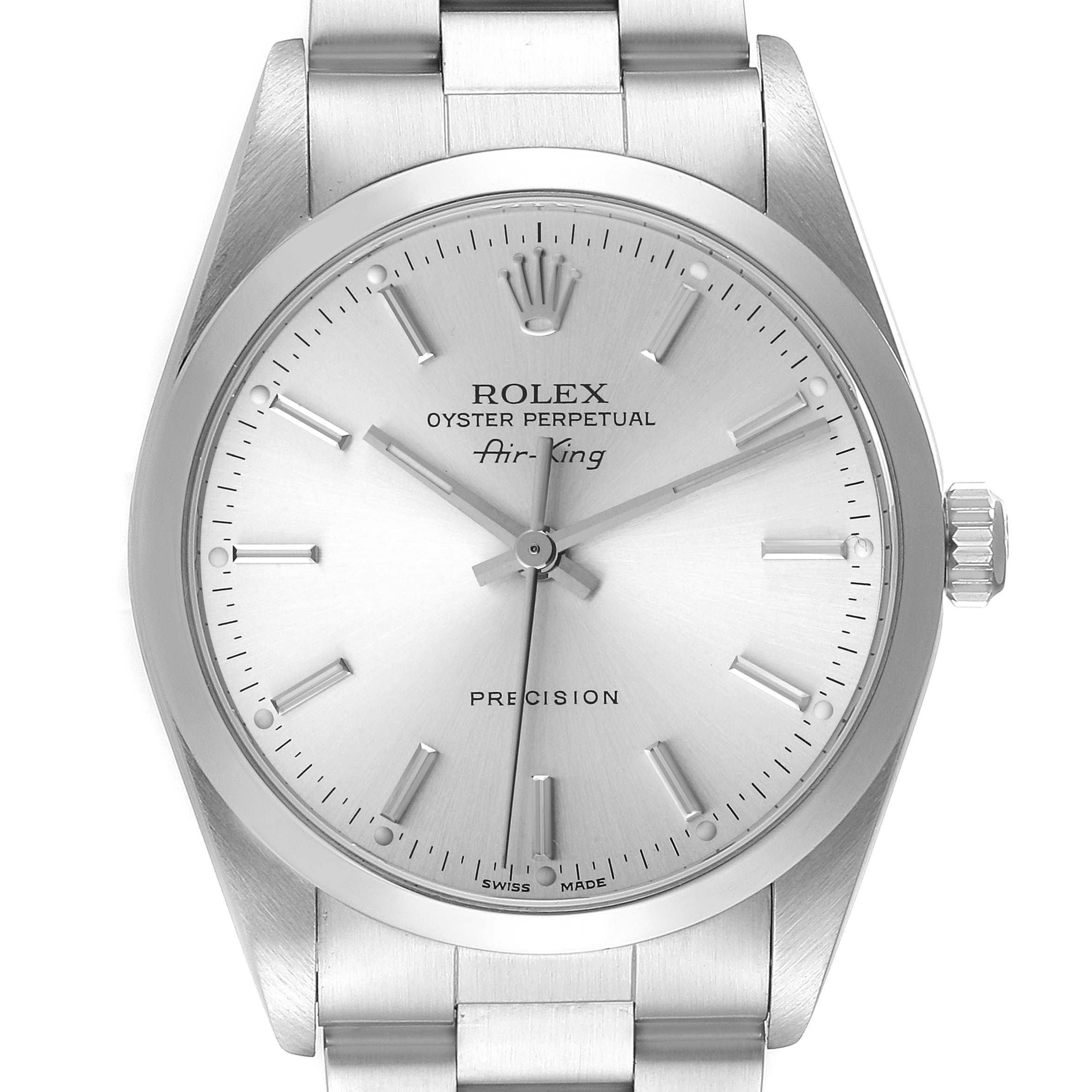 The image shows a front view of the Rolex Air-King 14000 Men's Stainless Steel Silver Dial 14000 Men's Stainless Steel Silver Dial watch, highlighting its dial, hands, crown, and part of the bracelet.