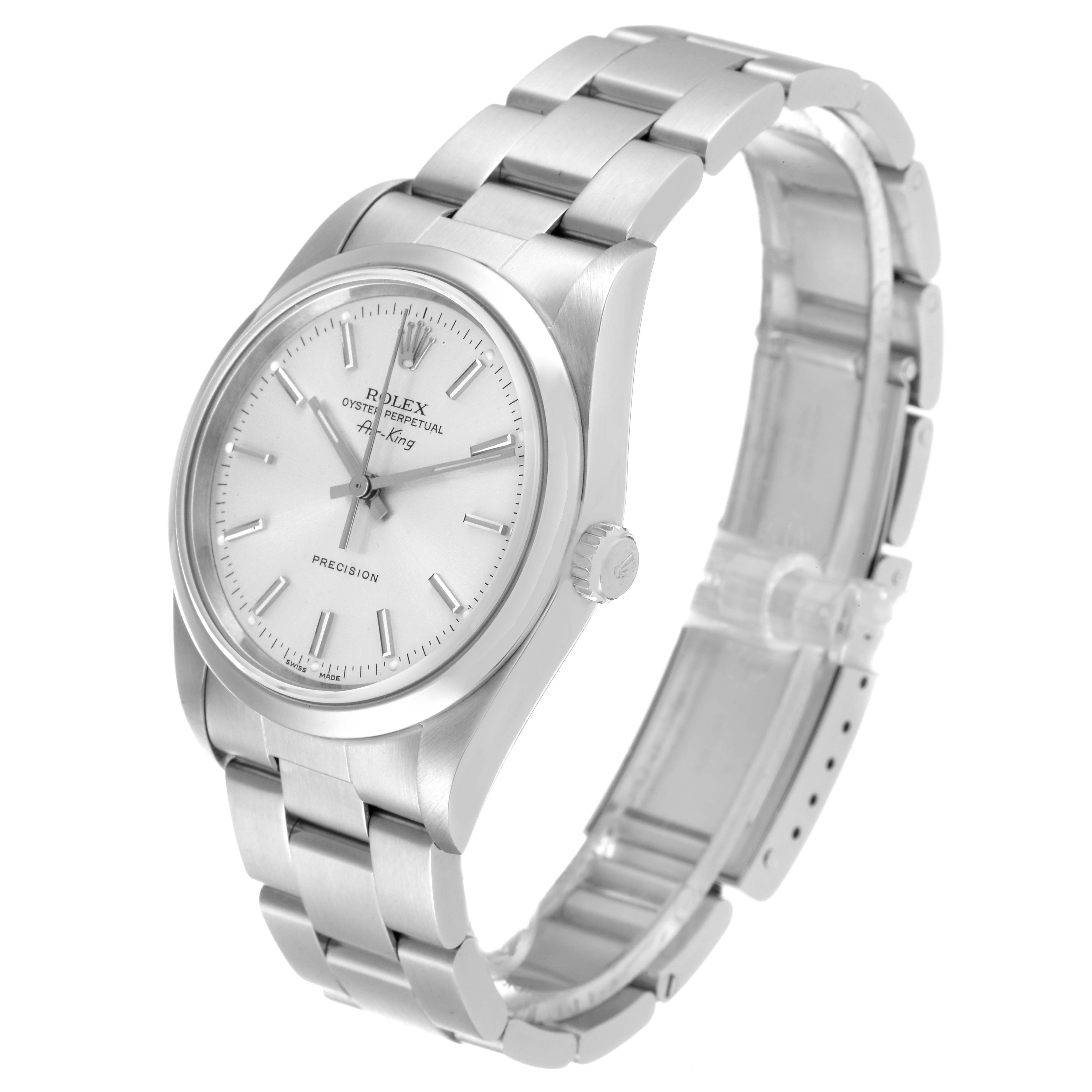 This image shows a Rolex Air-King 14000 Men's Stainless Steel Silver Dial 14000 Men's Stainless Steel Silver Dial watch at a slight angled view, featuring the dial, bezel, bracelet, and crown.