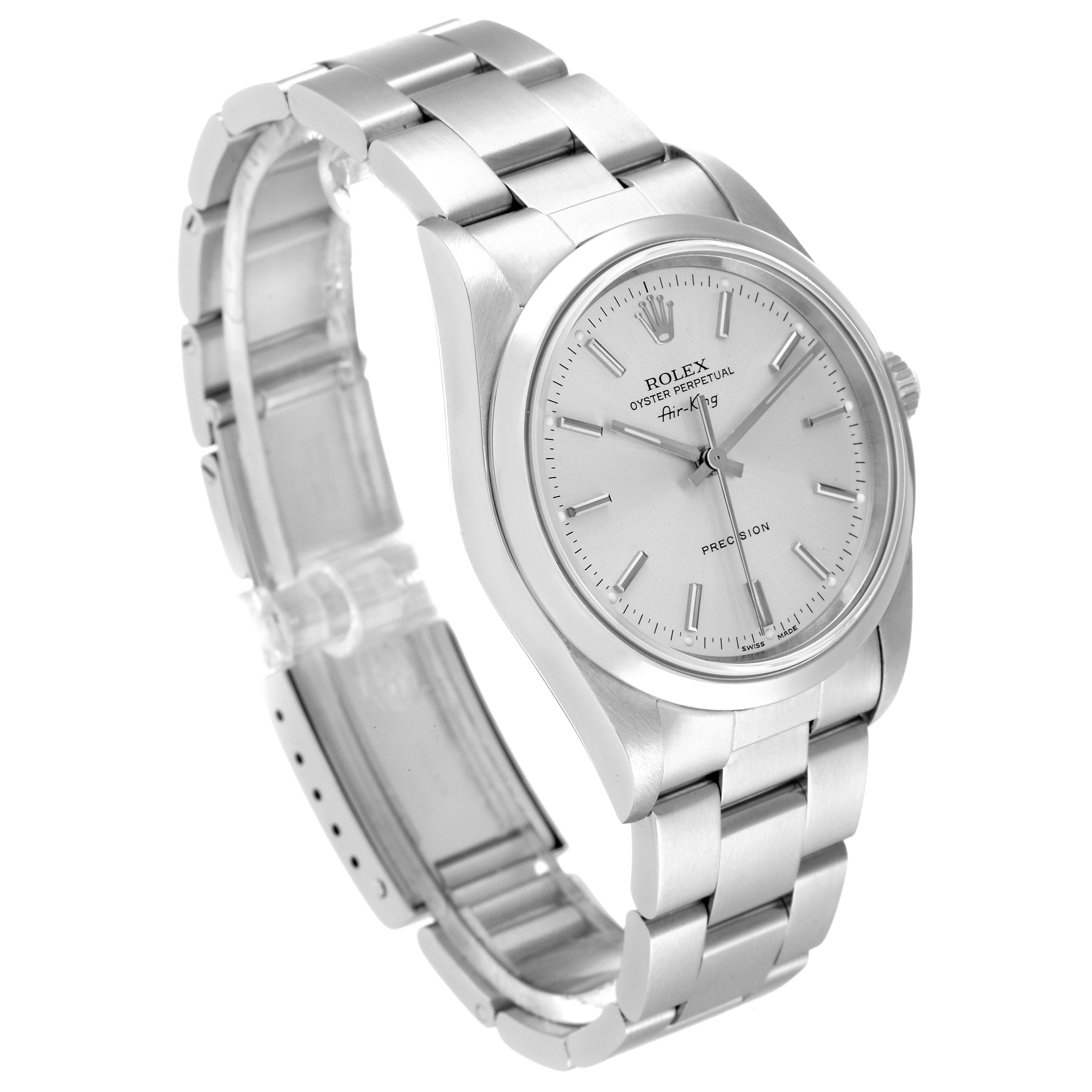The Rolex Air-King 14000 Men's Stainless Steel Silver Dial 14000 Men's Stainless Steel Silver Dial watch is shown at a slight angle, highlighting its dial, bezel, and bracelet.