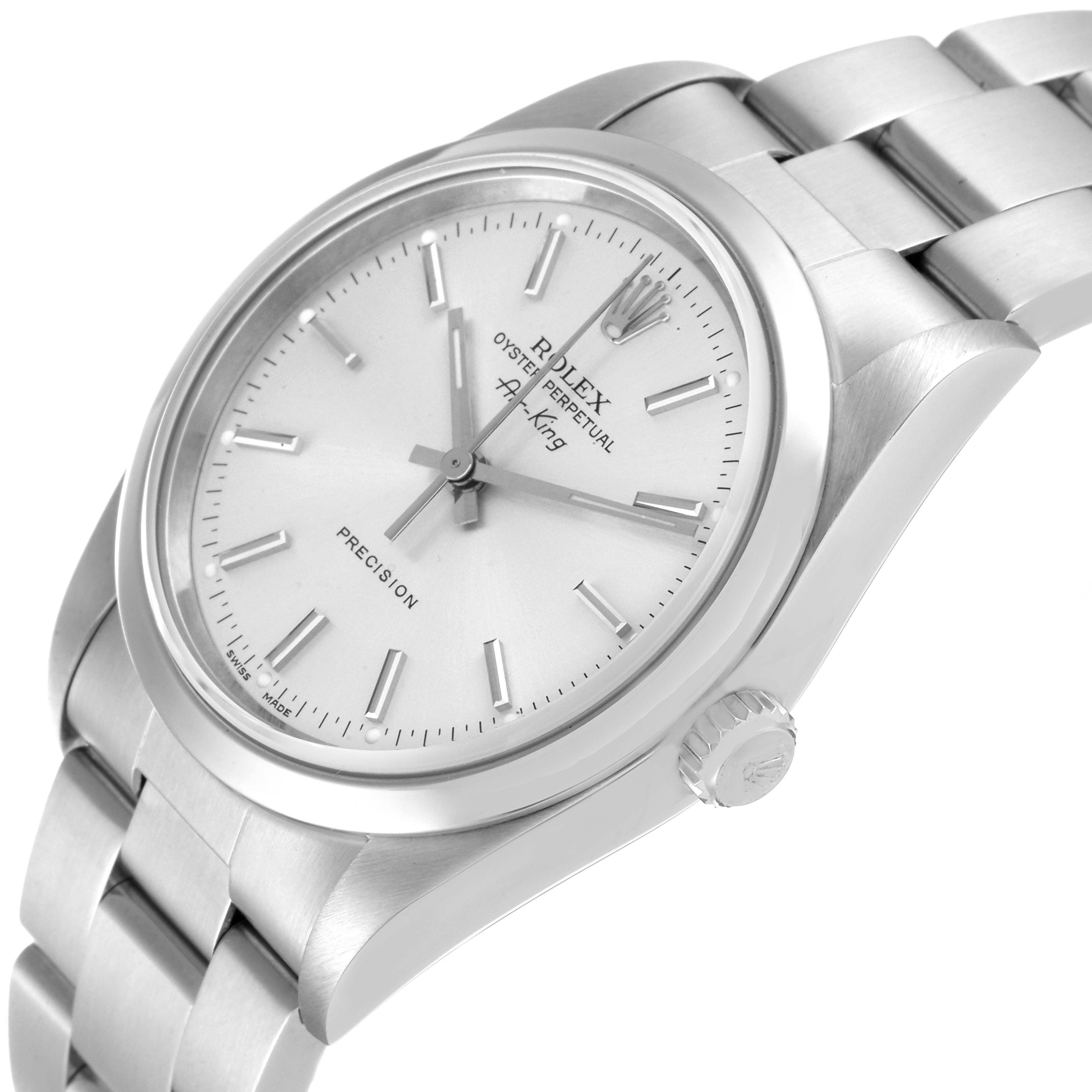 The image shows a Rolex Air-King 14000 Men's Stainless Steel Silver Dial 14000 Men's Stainless Steel Silver Dial watch at a slight angle, highlighting the face, bezel, crown, and part of the bracelet.