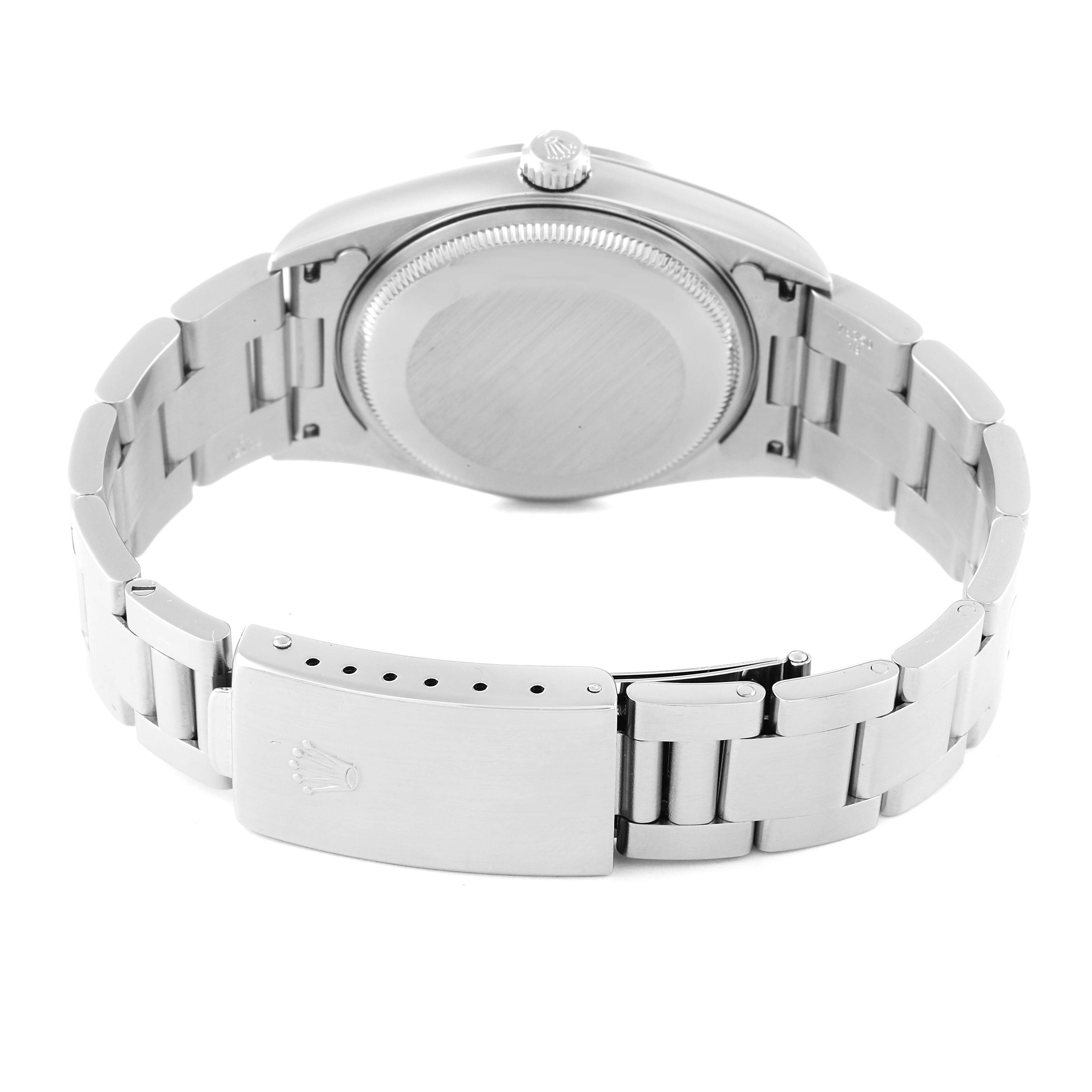 The image shows the back view of a Rolex Air-King 14000 Men's Stainless Steel Silver Dial 14000 Men's Stainless Steel Silver Dial watch, highlighting the case back and bracelet with the clasp.