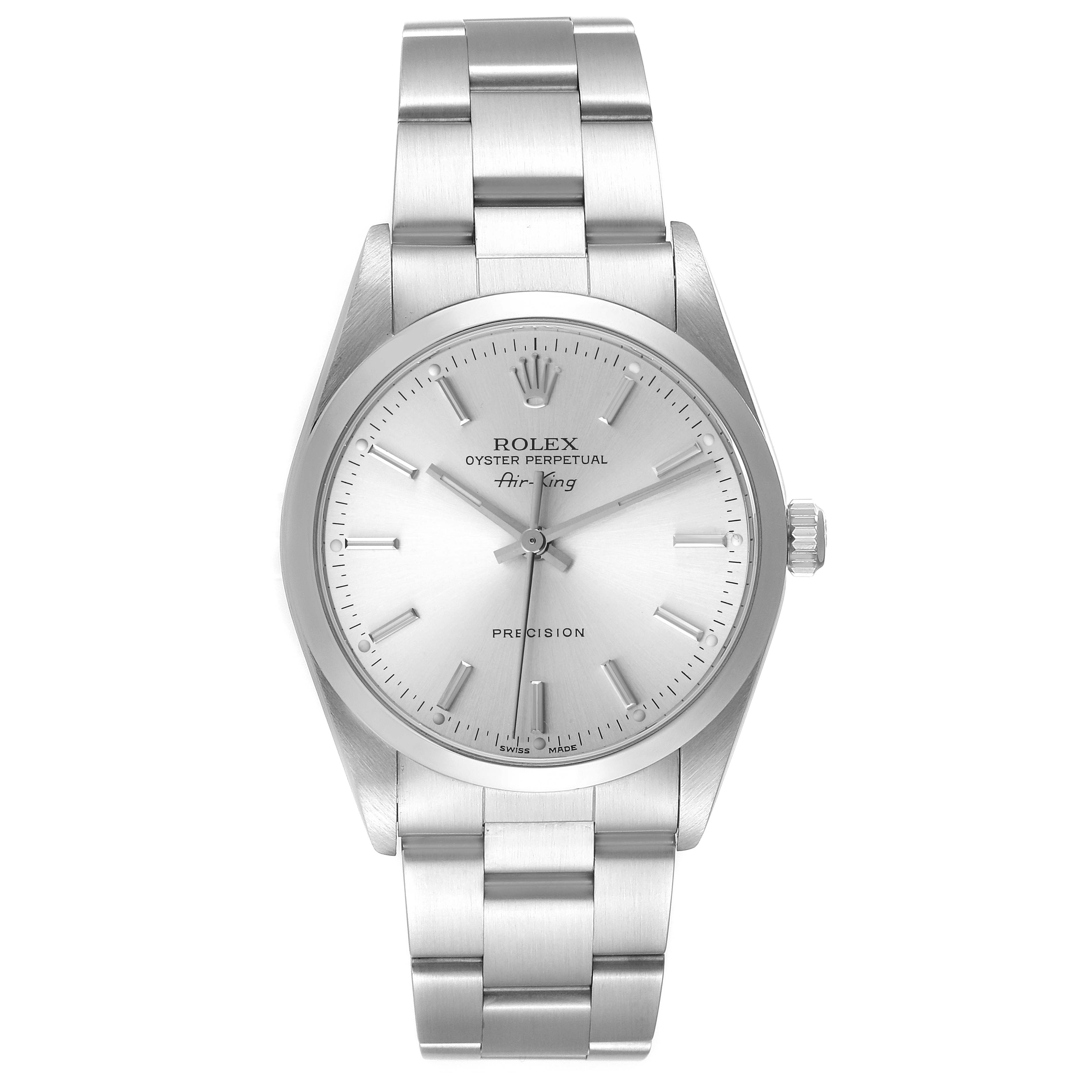The image shows a front view of the Rolex Air-King 14000 Men's Stainless Steel Silver Dial 14000 Men's Stainless Steel Silver Dial watch, displaying its dial, bezel, and bracelet.