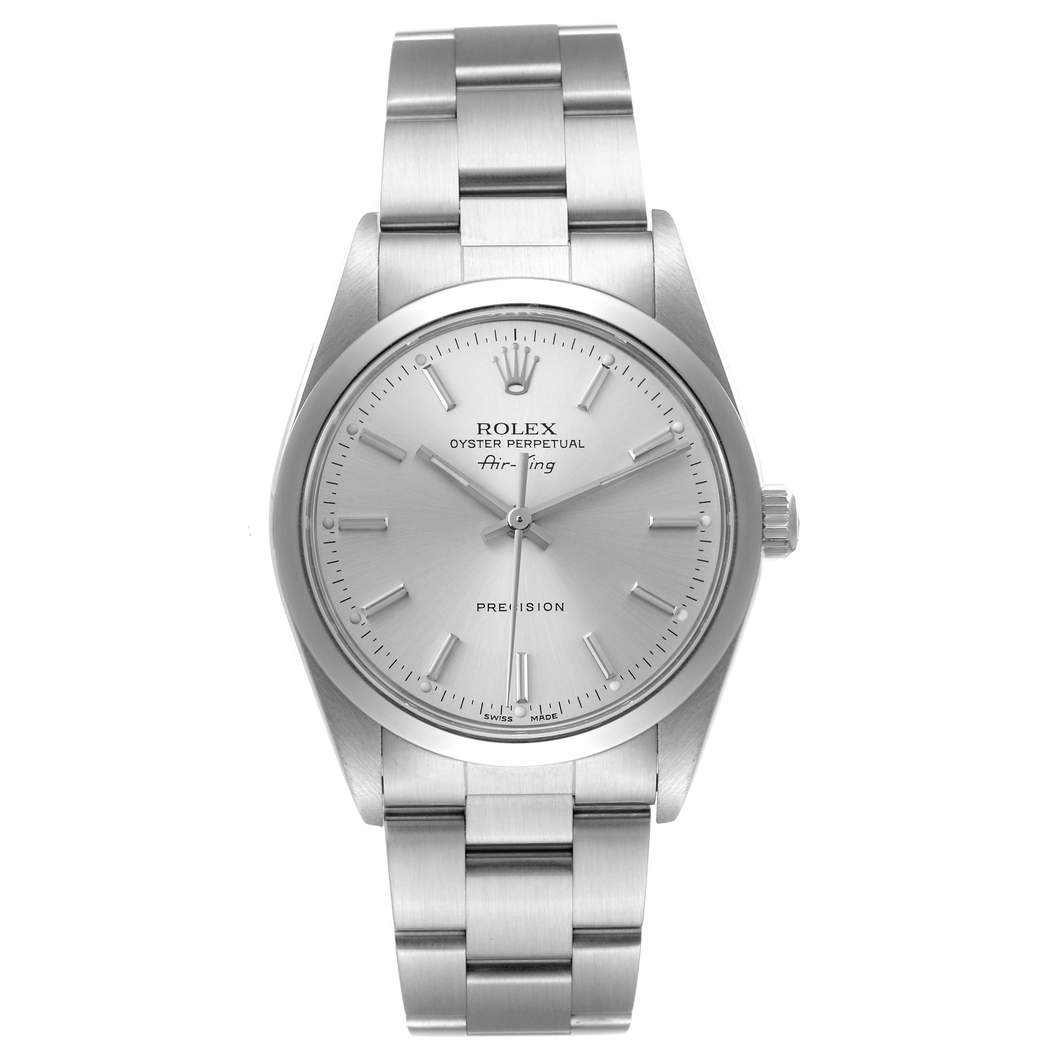 The Rolex Air-King 14000 Men's Stainless Steel Silver Dial 14000 Men's Stainless Steel Silver Dial watch is shown from a straight-on angle, displaying its face and stainless steel bracelet.