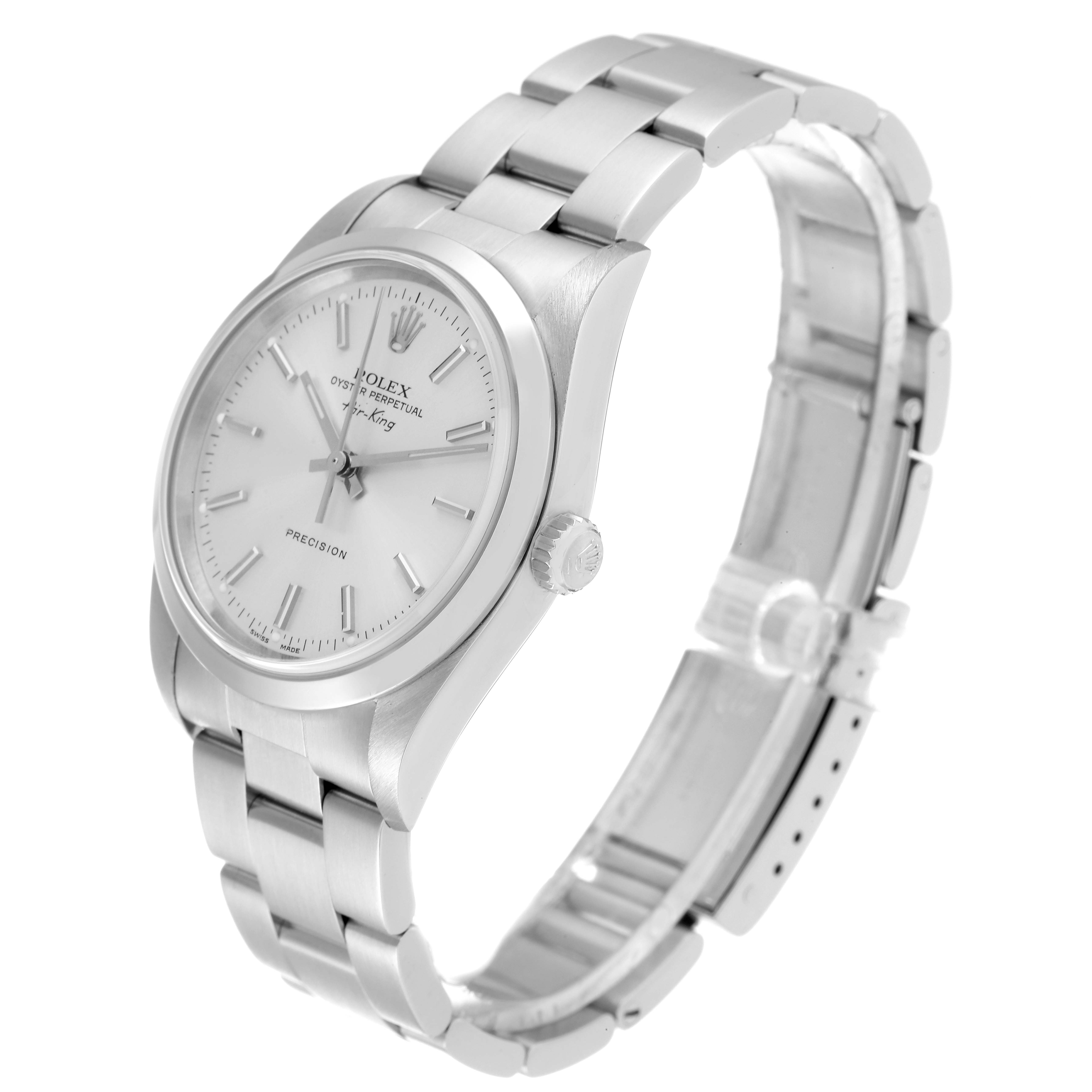 The Rolex Air-King 14000 Men's Stainless Steel Silver Dial 14000 Men's Stainless Steel Silver Dial watch is shown at a slight angle, displaying the dial, crown, case, and bracelet.