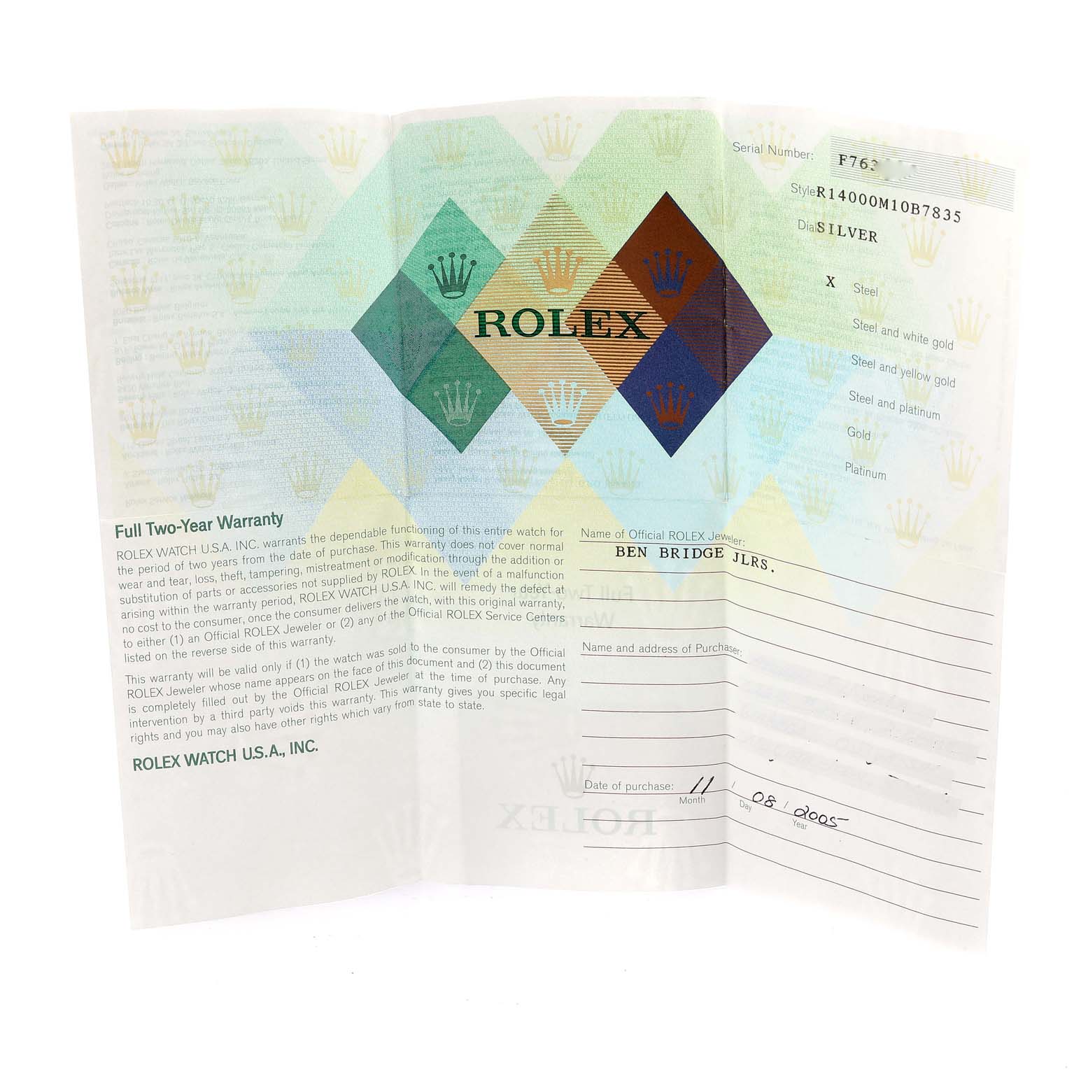 The image shows a warranty document for a Rolex Air-King 14000 Men's Stainless Steel Silver Dial 14000 Men's Stainless Steel Silver Dial watch, capturing various angles of the document text.