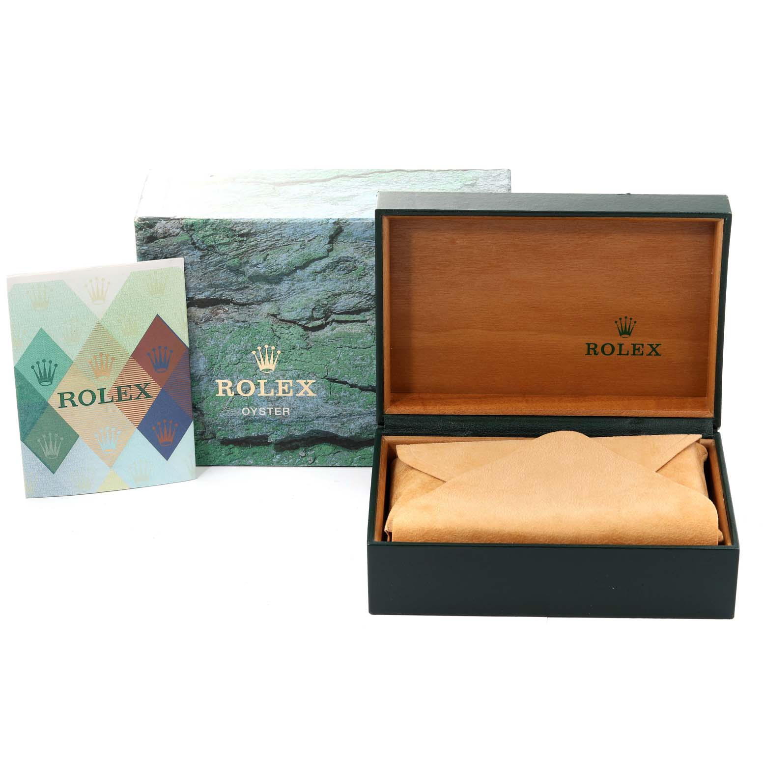 The image shows the packaging and booklet for a Rolex Air-King 14000 Men's Stainless Steel Silver Dial 14000 Men's Stainless Steel Silver Dial watch, including the outer box, inner wooden box, and a booklet.