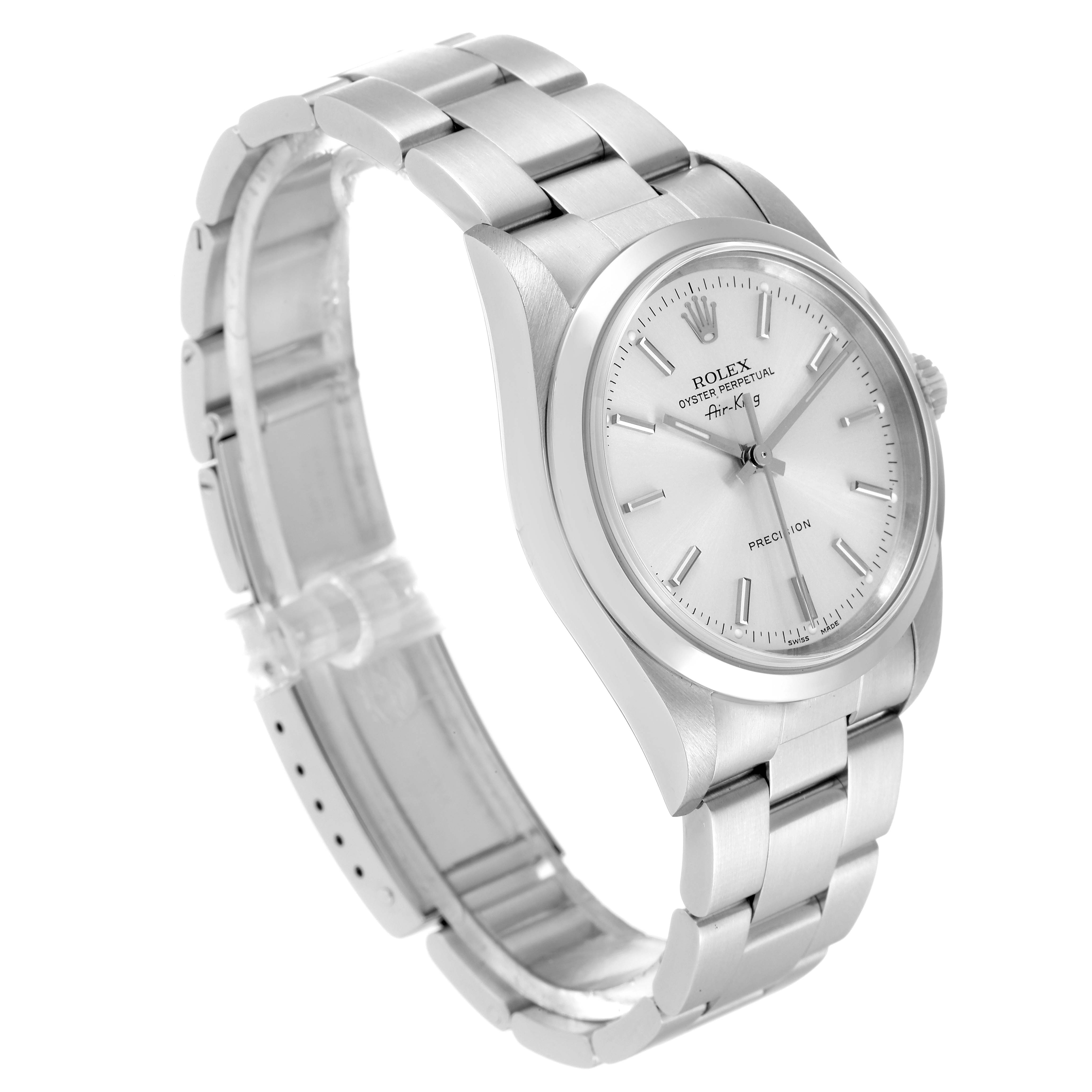 The image shows a side angle of the Rolex Air-King 14000 Men's Stainless Steel Silver Dial 14000 Men's Stainless Steel Silver Dial watch, displaying the face, bracelet, and clasp.