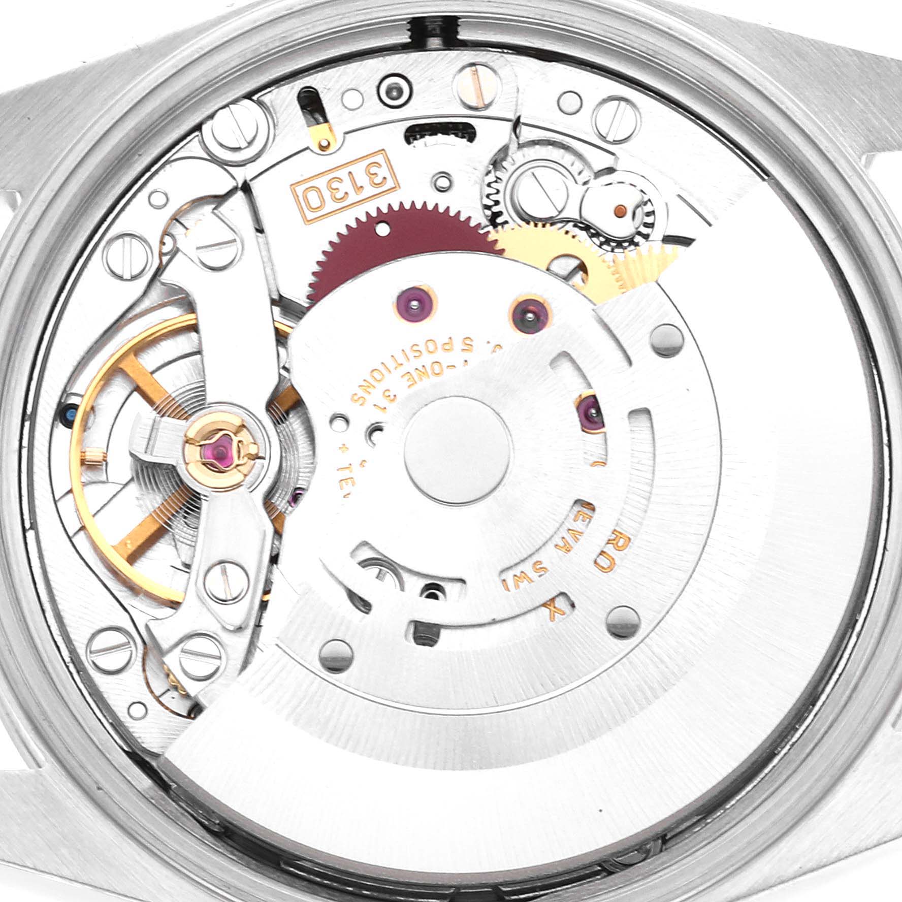 The image shows an up-close view of the internal mechanism of a Rolex Air-King 14000 Men's Stainless Steel Silver Dial 14000 Men's Stainless Steel Silver Dial watch, focusing on the intricate gears and components.