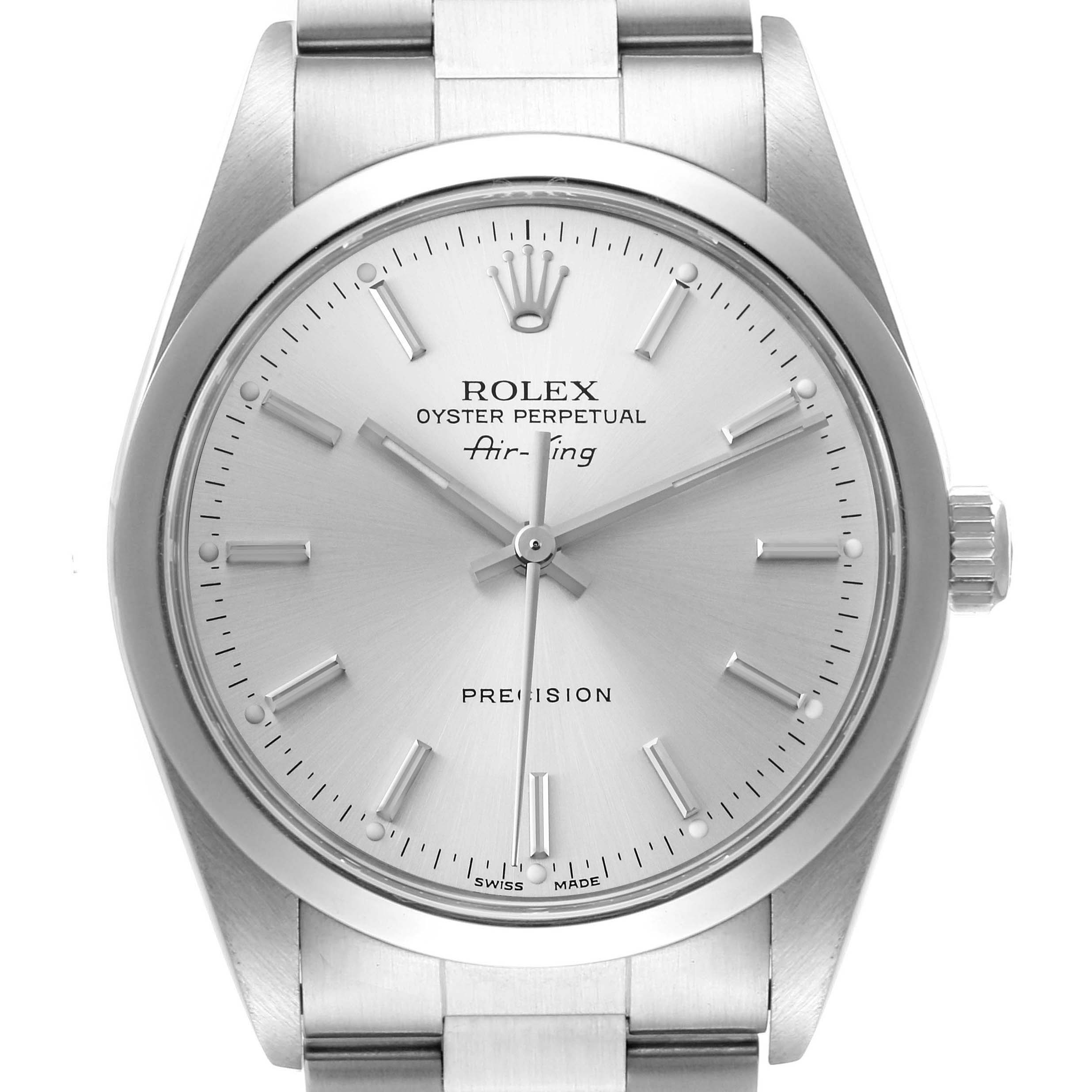 This image shows a close-up of the Rolex Air-King 14000 Men's Stainless Steel Silver Dial 14000 Men's Stainless Steel Silver Dial watch, displaying the dial, hands, crown, and part of the bracelet.
