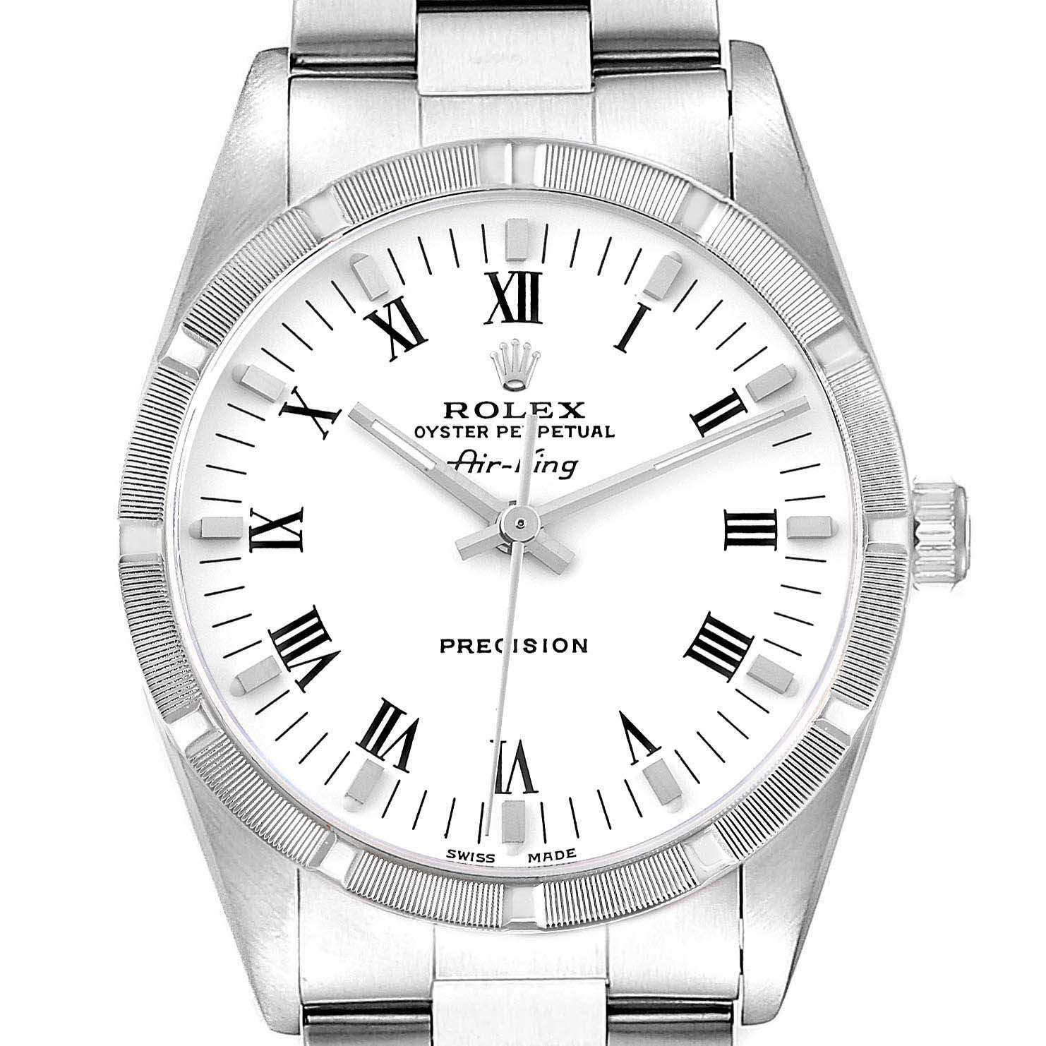 The Rolex Air-King 14010 Men's Stainless Steel White Dial 14010 Men's Stainless Steel White Dial watch is shown from a front angle, displaying its face, bezel, crown, and part of the bracelet.
