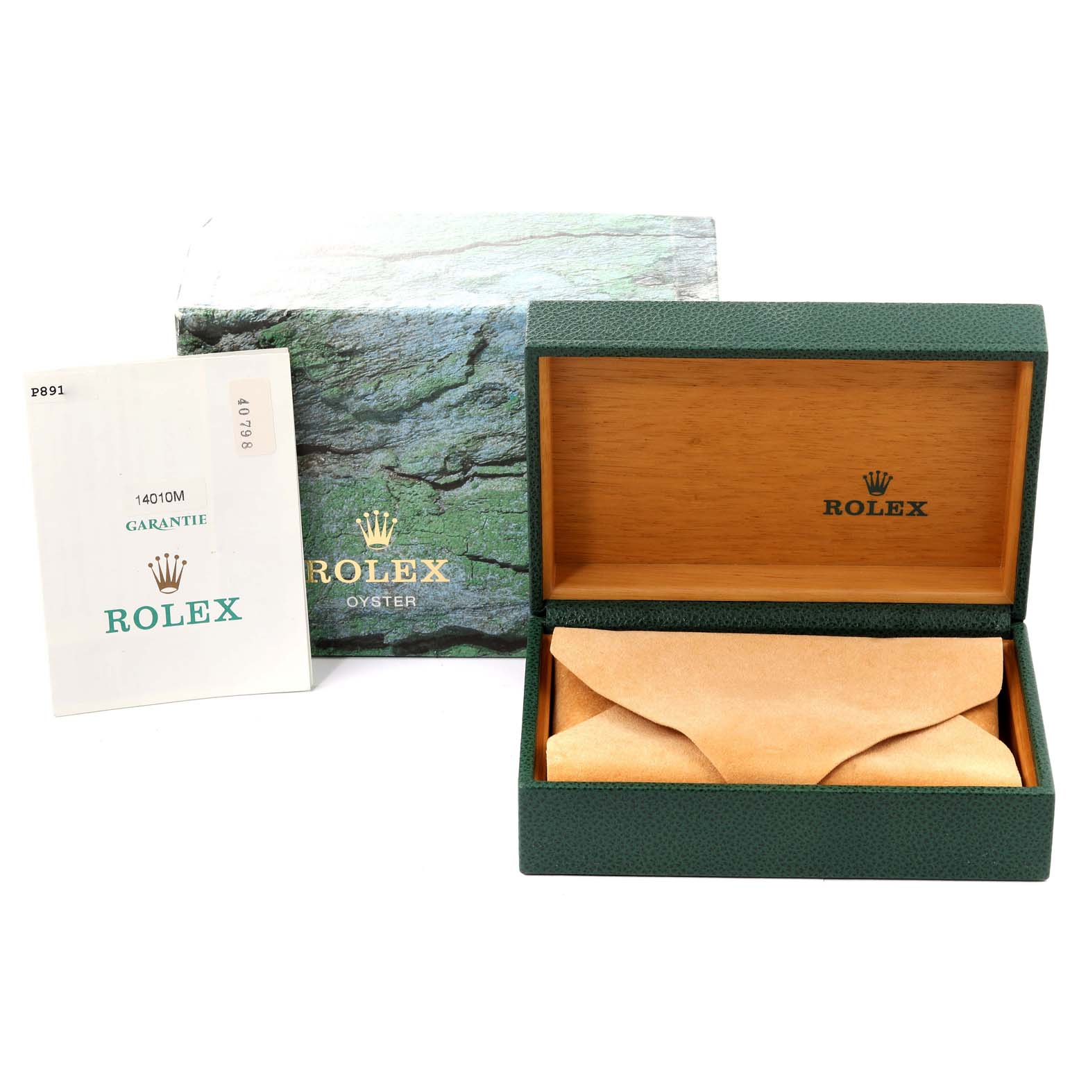 The image shows an open Rolex Air-King 14010 Men's Stainless Steel White Dial 14010 Men's Stainless Steel White Dial watch box, outer box, and warranty card with a frontal view.