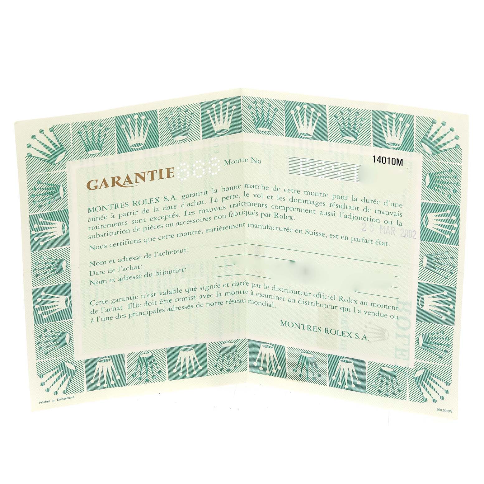 The image shows a warranty card for an Air-King model watch by Rolex, featuring the brand's logo and text details.