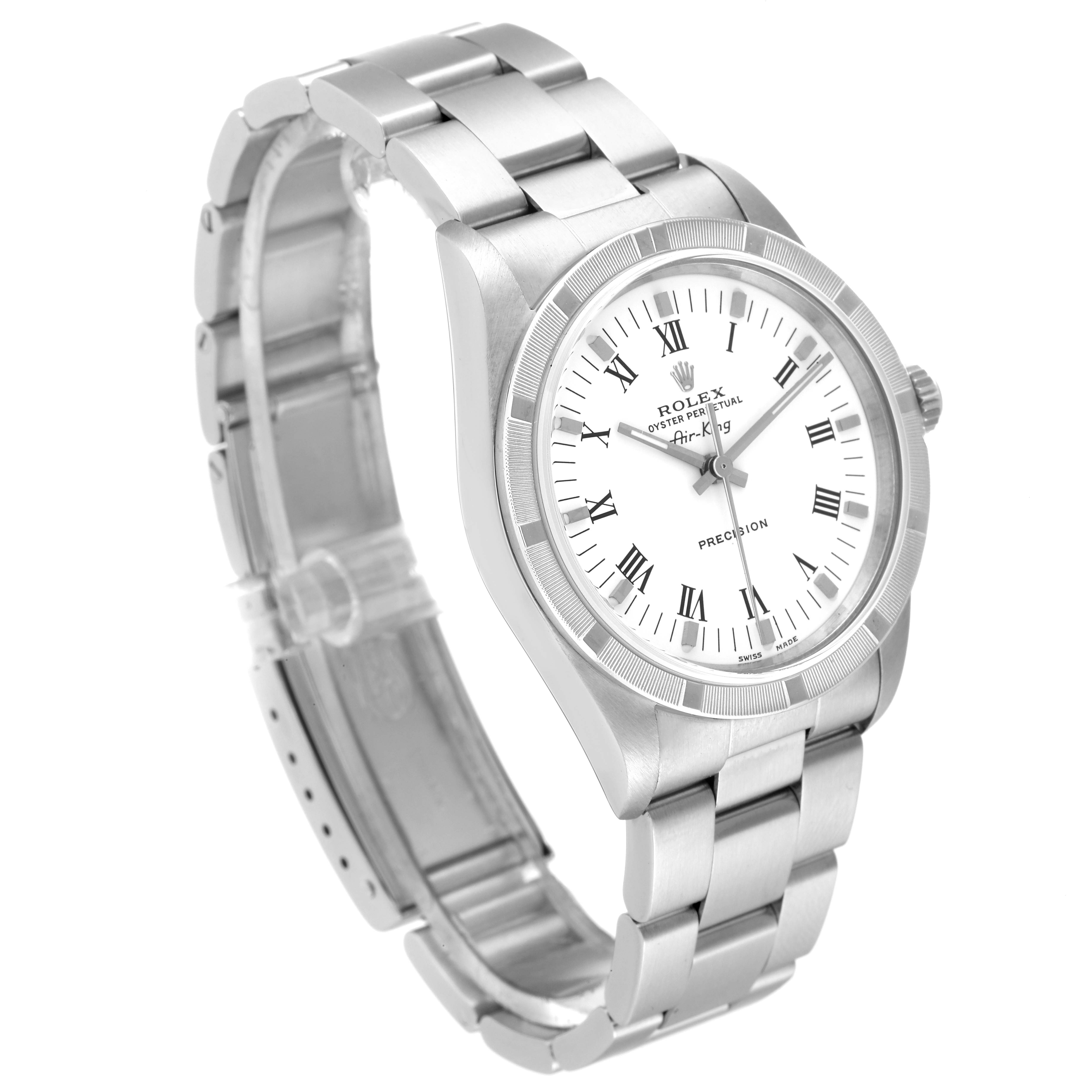 This Rolex Air-King 14010 Men's Stainless Steel White Dial 14010 Men's Stainless Steel White Dial model watch is shown at an oblique angle, highlighting its face, bezel, and bracelet.