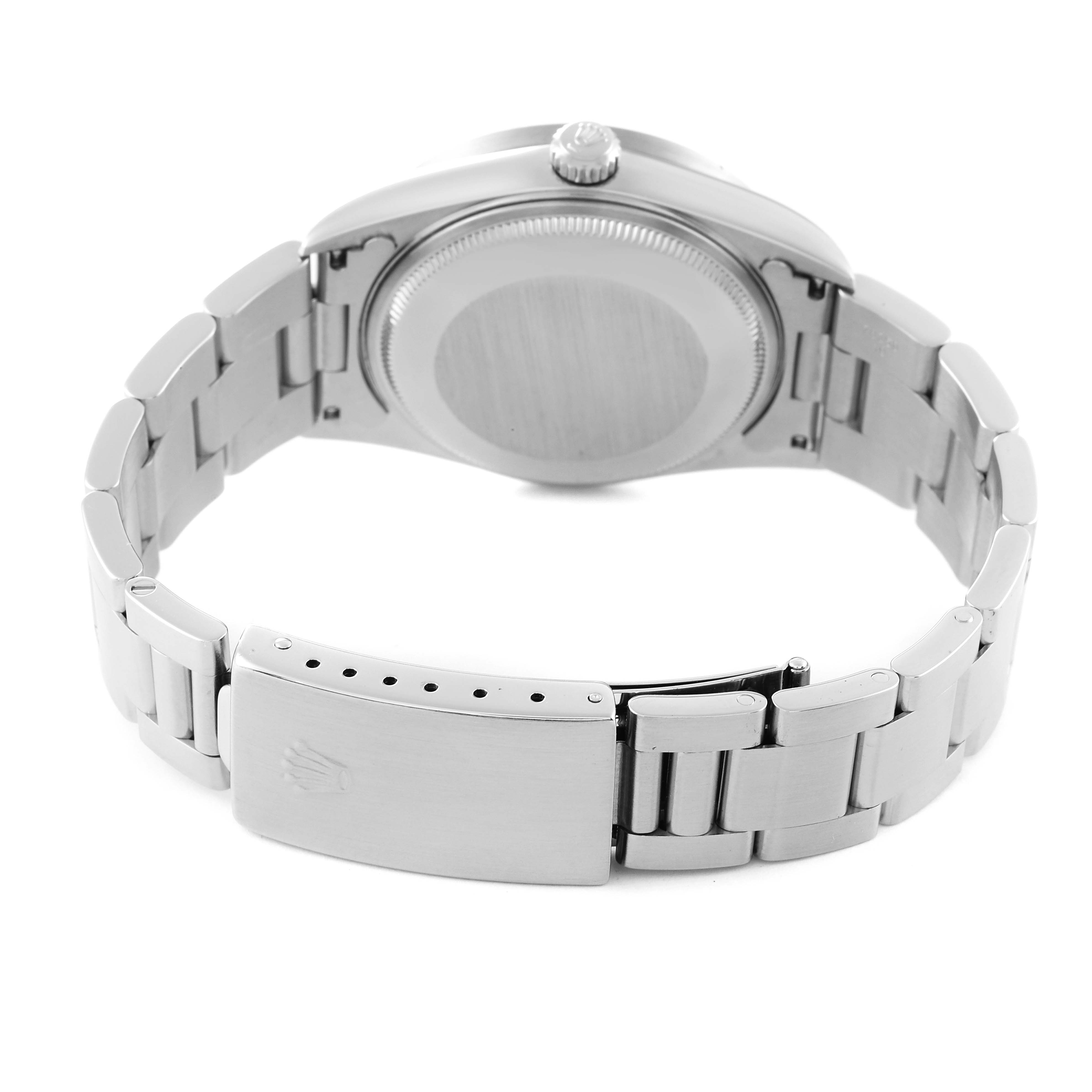 This image shows the back view of a Rolex Air-King 14010 Men's Stainless Steel White Dial 14010 Men's Stainless Steel White Dial watch, highlighting the case back, bracelet, and clasp.