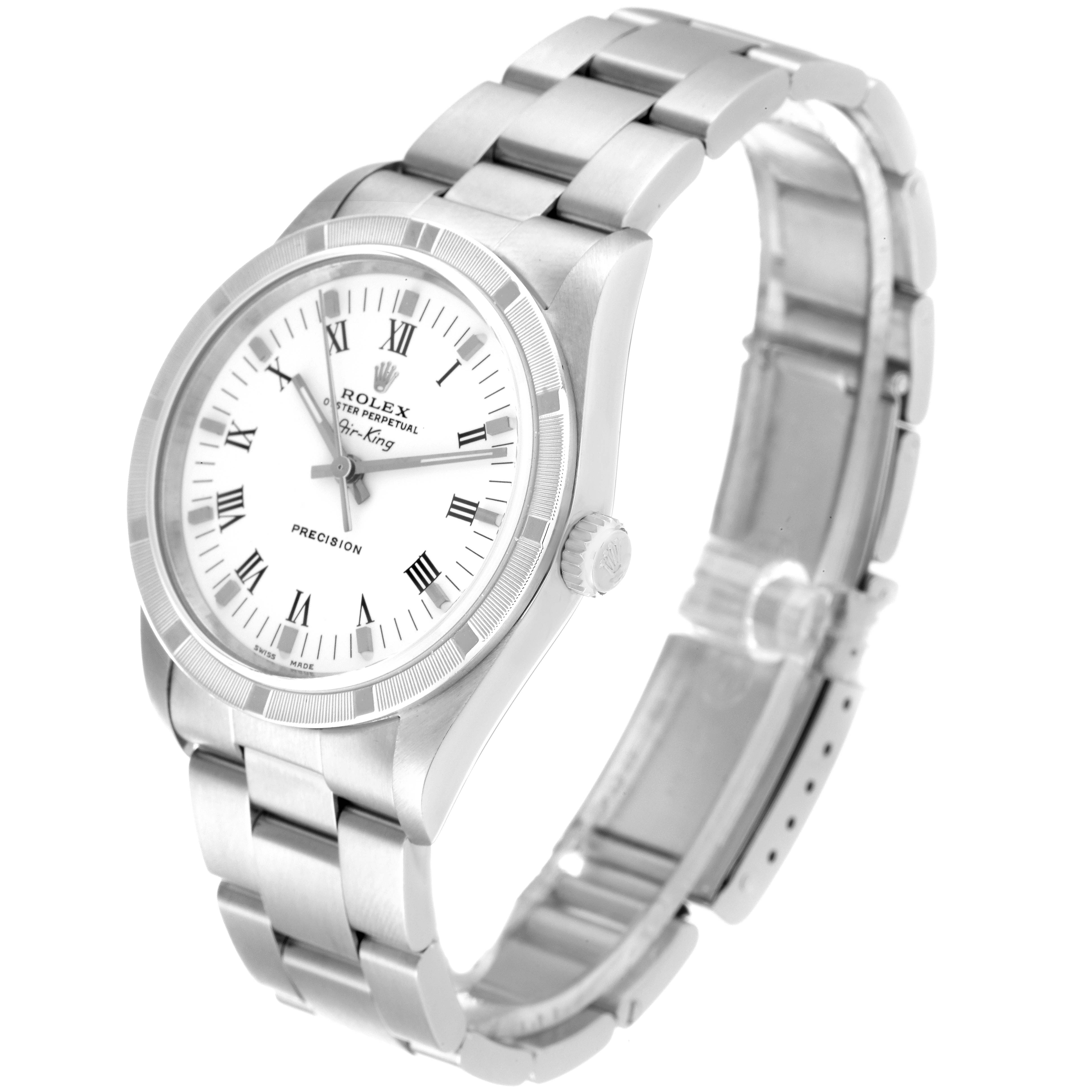 The image shows a Rolex Air-King 14010 Men's Stainless Steel White Dial 14010 Men's Stainless Steel White Dial watch from an angled view, displaying the dial, crown, and part of the bracelet.