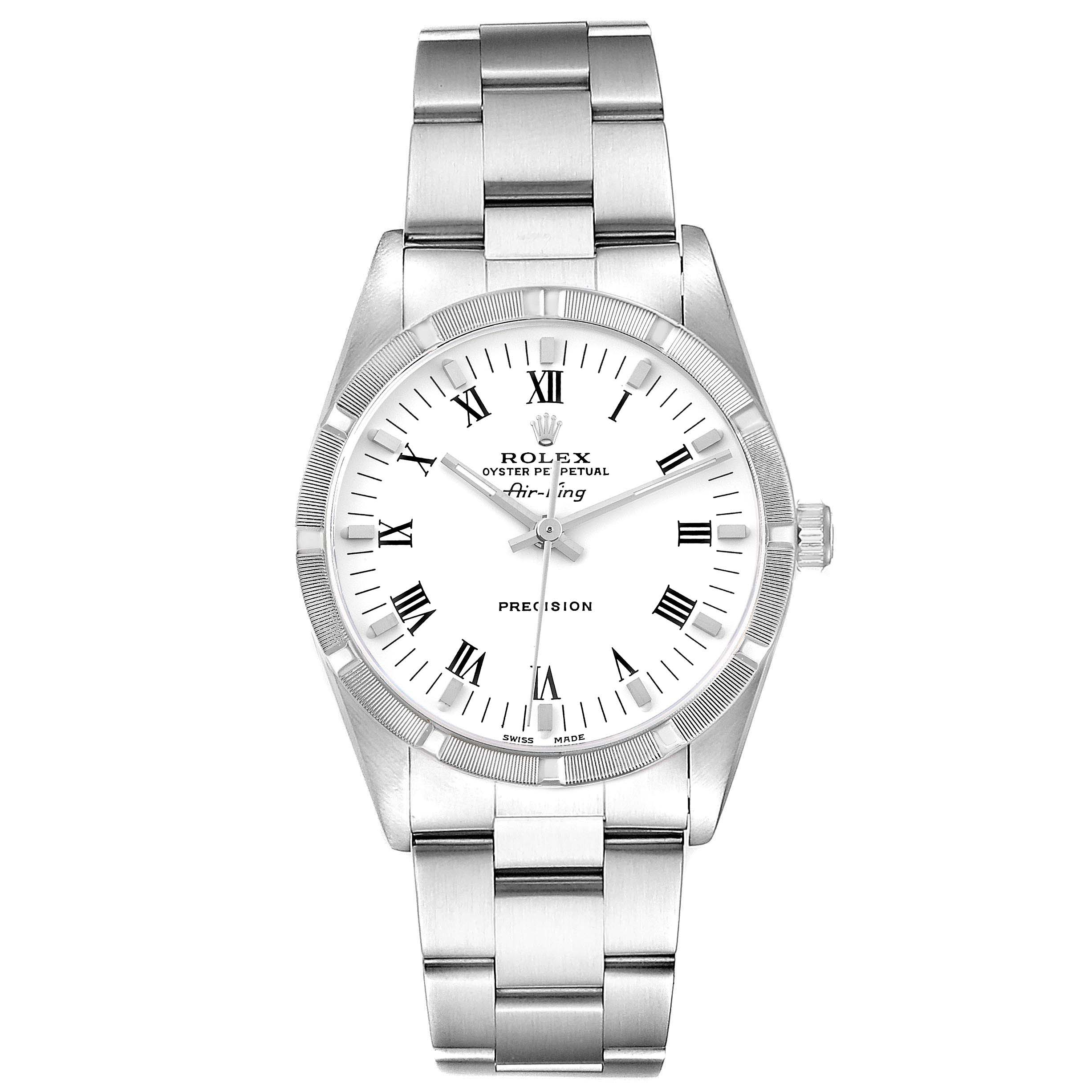 The image shows a frontal view of a Rolex Air-King 14010 Men's Stainless Steel White Dial 14010 Men's Stainless Steel White Dial watch, displaying the dial, hands, case, and bracelet.