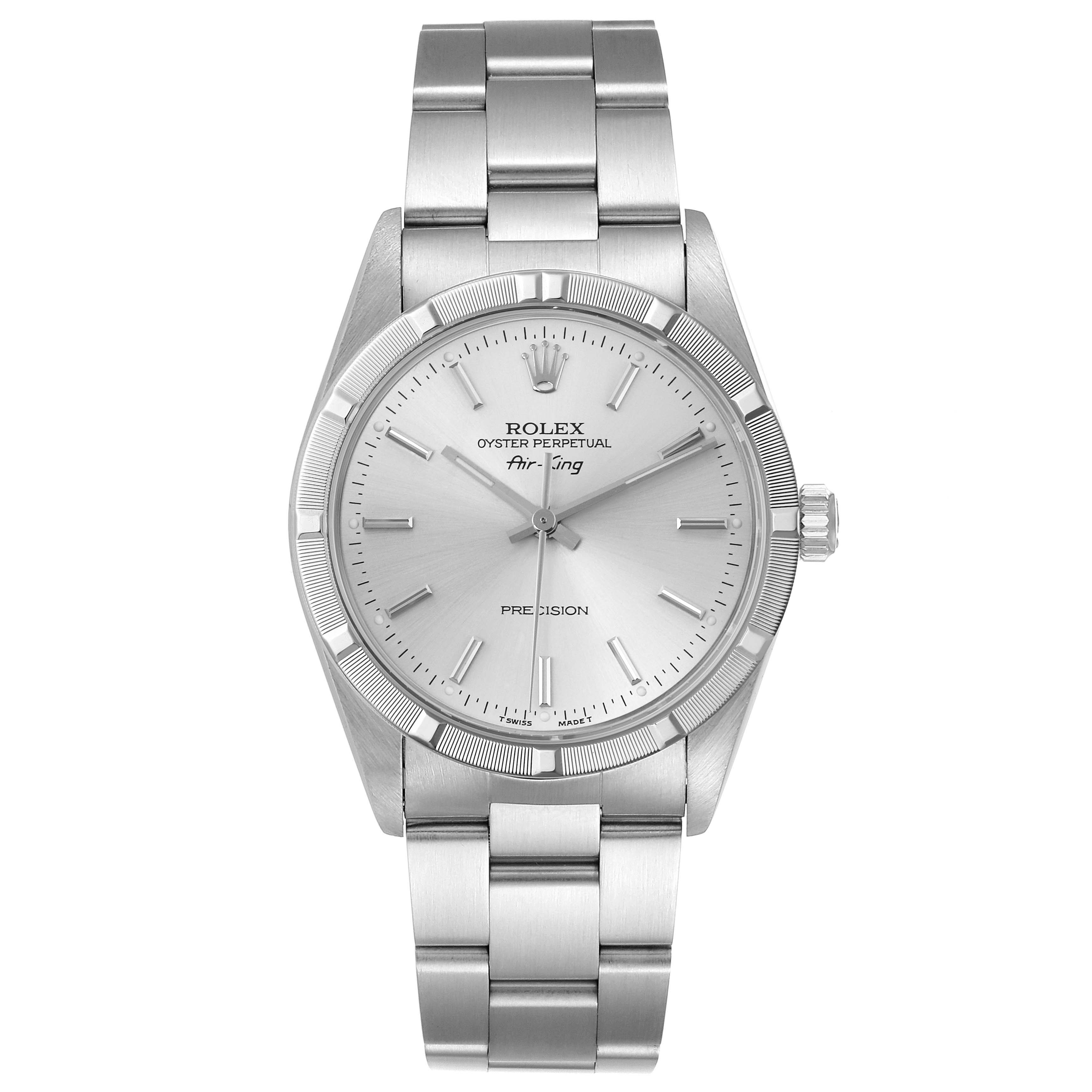 The image shows a frontal view of a Rolex Air-King 14010 Men's Stainless Steel Silver Dial 14010 Men's Stainless Steel Silver Dial watch, displaying the dial, case, and bracelet.