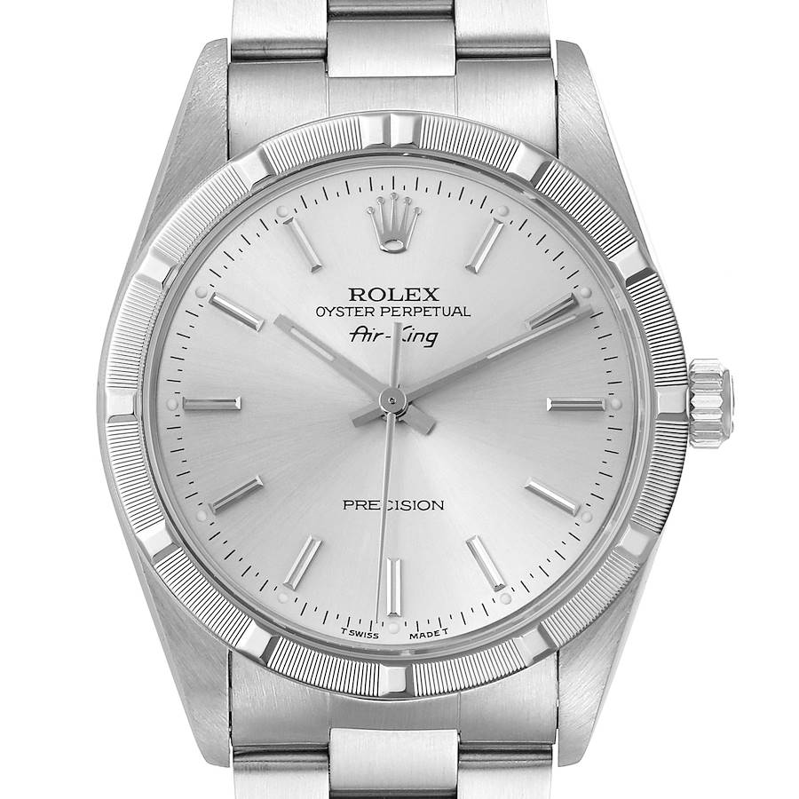 The image shows a front view of the Rolex Air-King watch, highlighting the dial, bezel, and part of the bracelet.