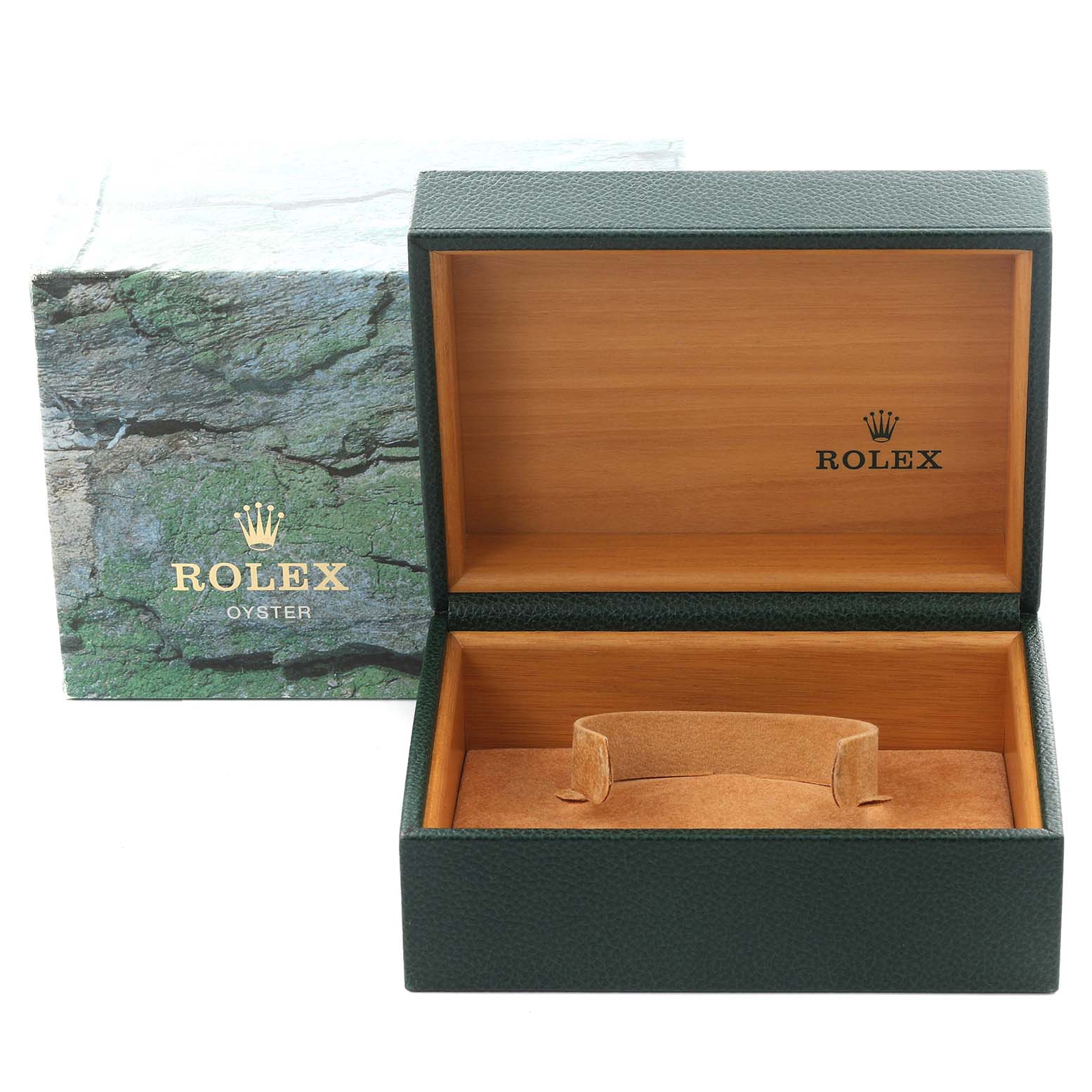 The image shows the open box for a Rolex Air-King 14010 Men's Stainless Steel Silver Dial 14010 Men's Stainless Steel Silver Dial watch, featuring a green leather exterior and wooden interior.
