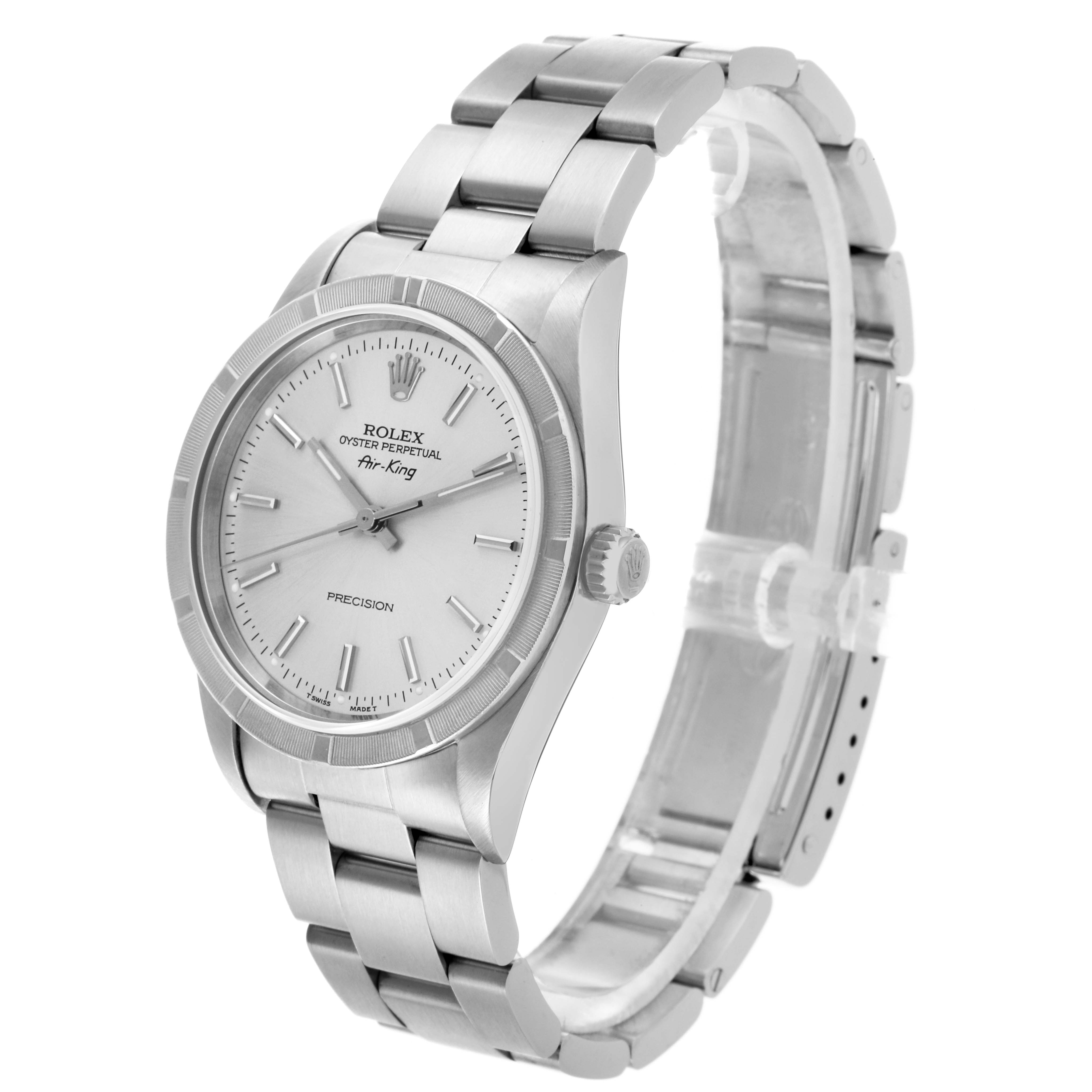 The Rolex Air-King 14010 Men's Stainless Steel Silver Dial 14010 Men's Stainless Steel Silver Dial is shown at a three-quarter angle, displaying the face, bezel, crown, and bracelet.